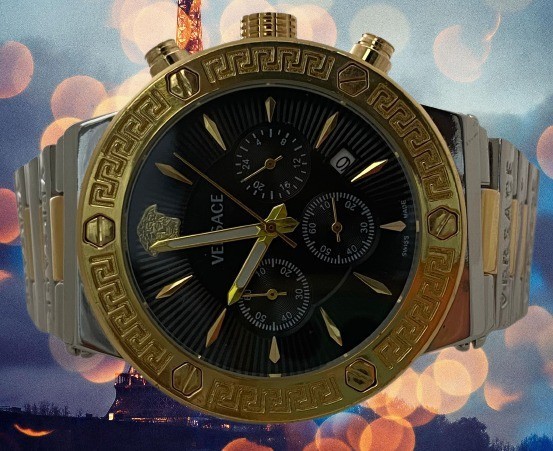 Beautiful Two-Gold Tone Versace Greca Chronograph/Date Refurbished Quartz Watch
