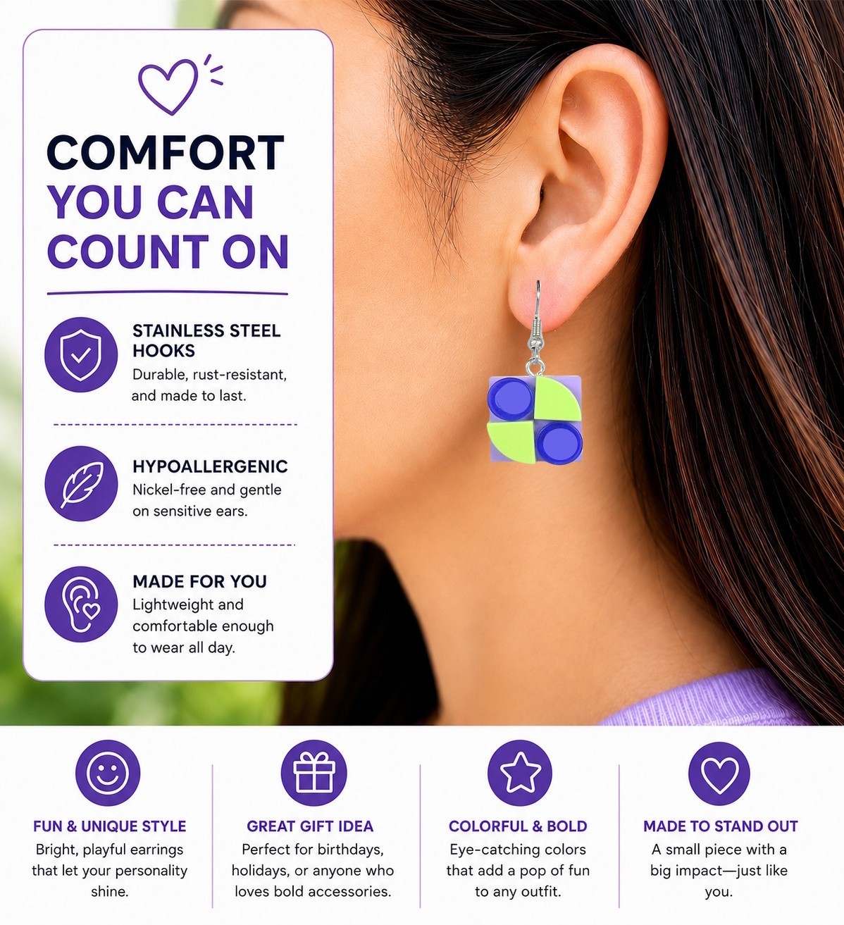 Interchangeable Building Brick Earrings Lavender Base w/ Purple & Green Pieces