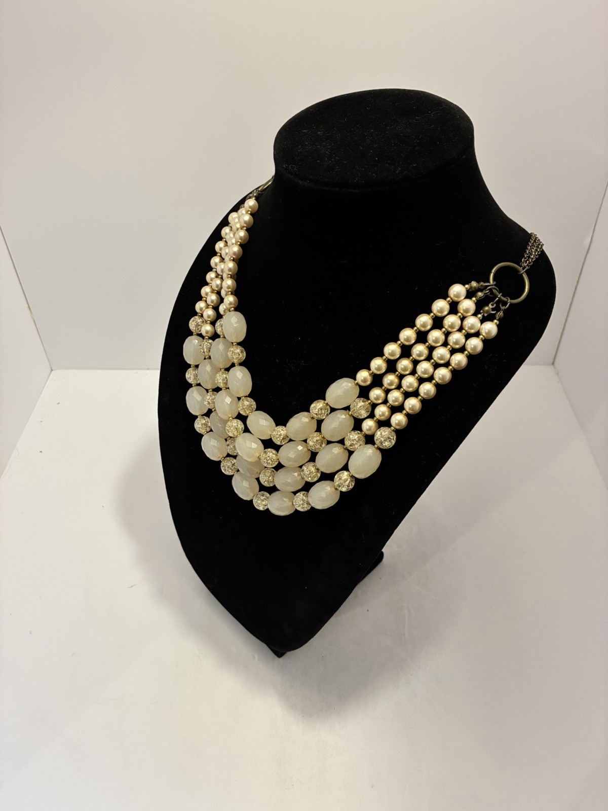 Chunky Multi Strand Statement Necklace Pink Faux Pearl Acrylic Bead Bib Bronze