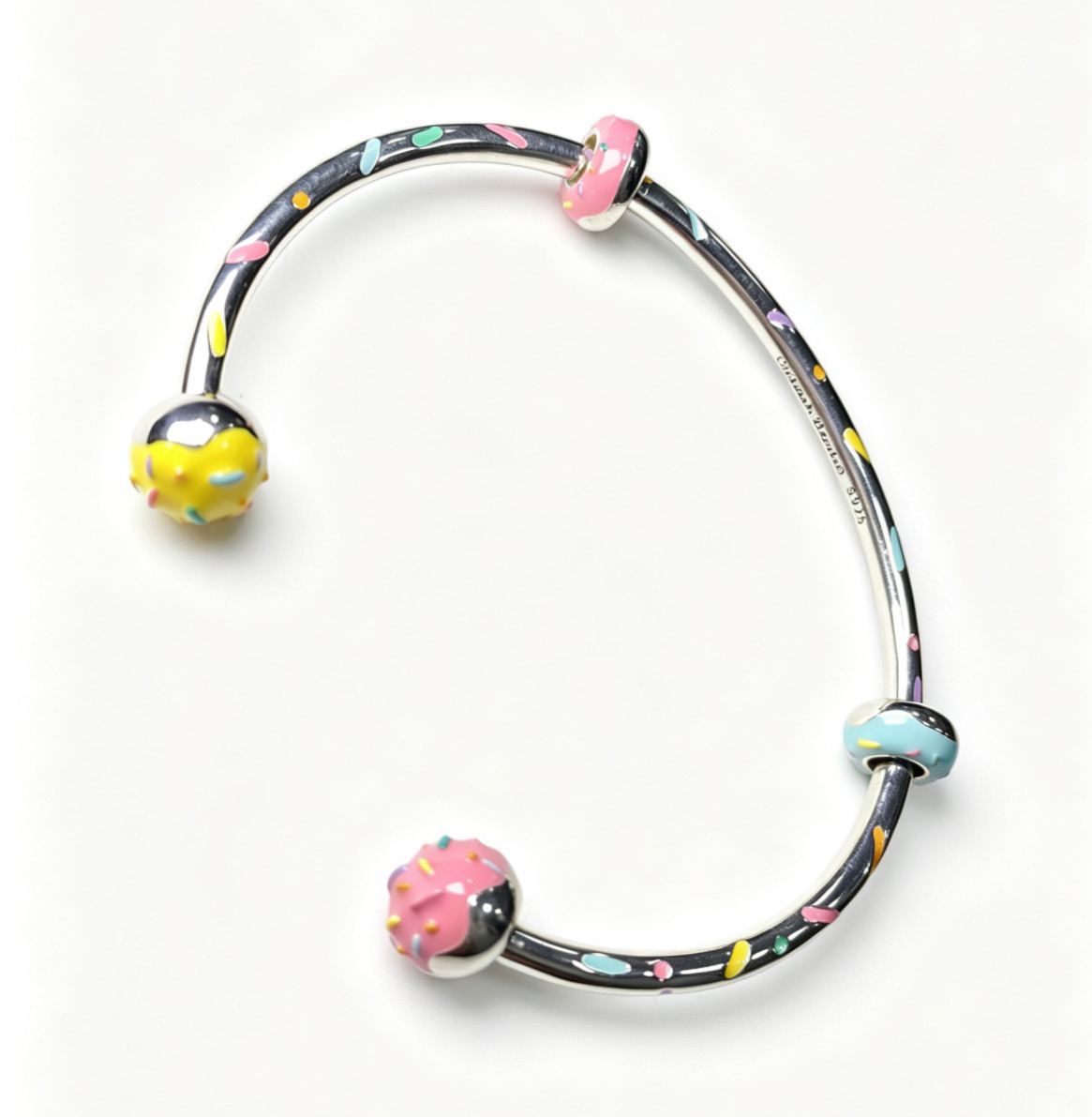 925 Sterling silver donut bangle with 2 stoppers cuff bracelet fit wrist 15-17cm