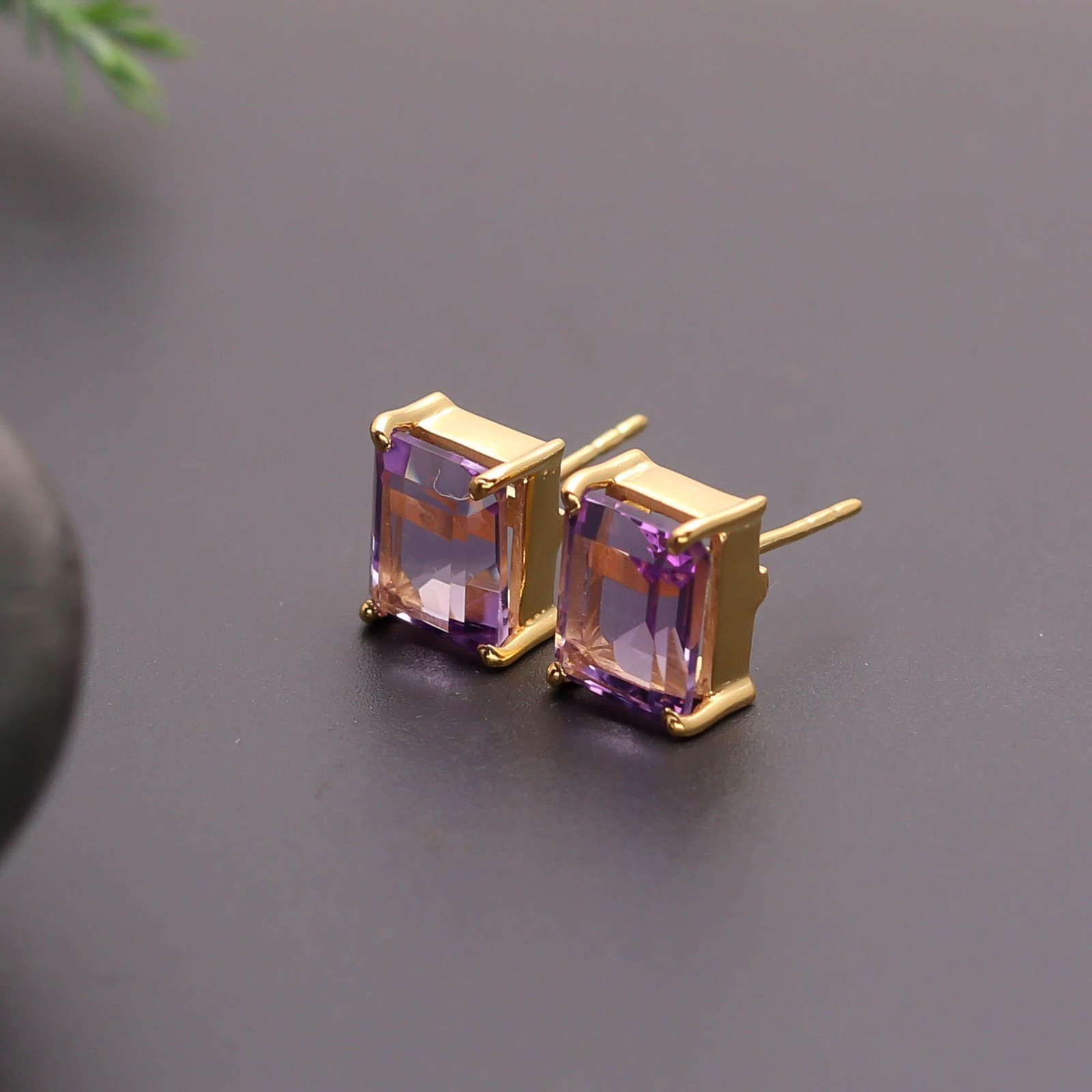 Natural Pink Amethyst Octagon Stud Earring Gold Fill Solid Silver Unique Jewelry