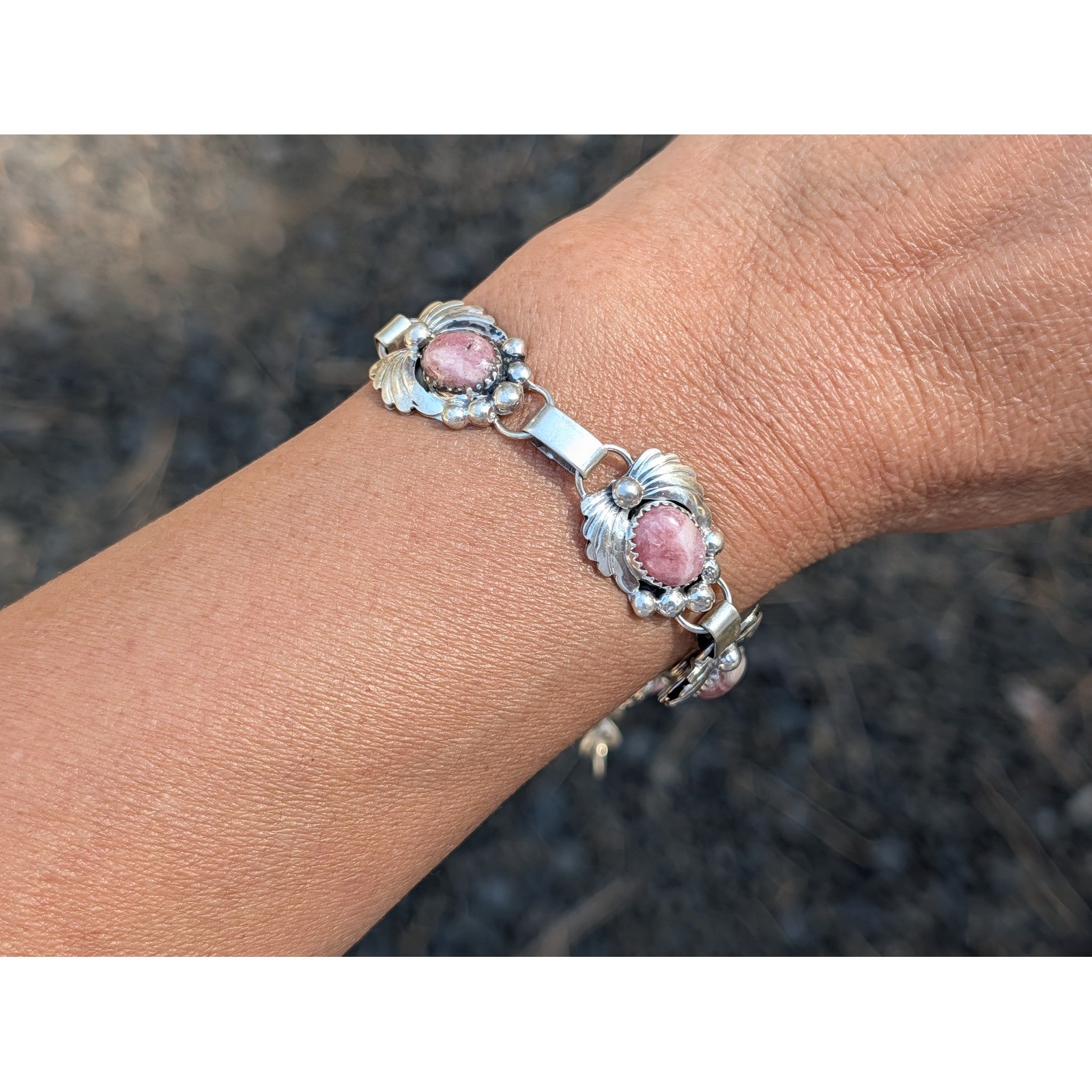 Handmade Navajo Natural Wreath Rhodochrosite Stone Bracelet Fits 8-9.5 in. **