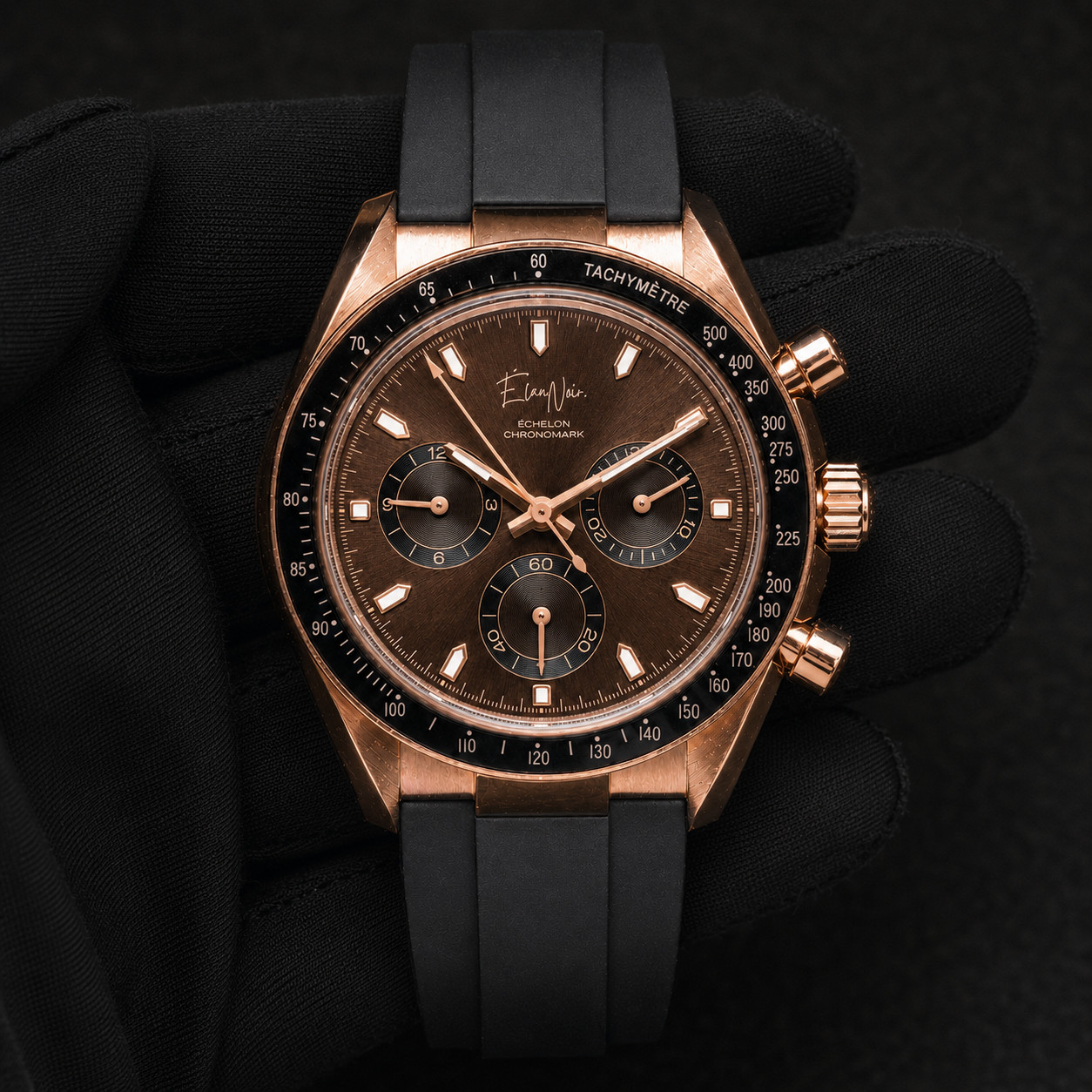 Élan Noir Chronograph Espresso & Rose Gold 41mm – VK63 Silicone Strap Stainless