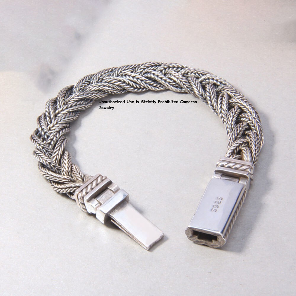 Pure S925 Sterling Silver Chain 10mm Braided Foxtial Link Bracelet 7.1-8.3inch