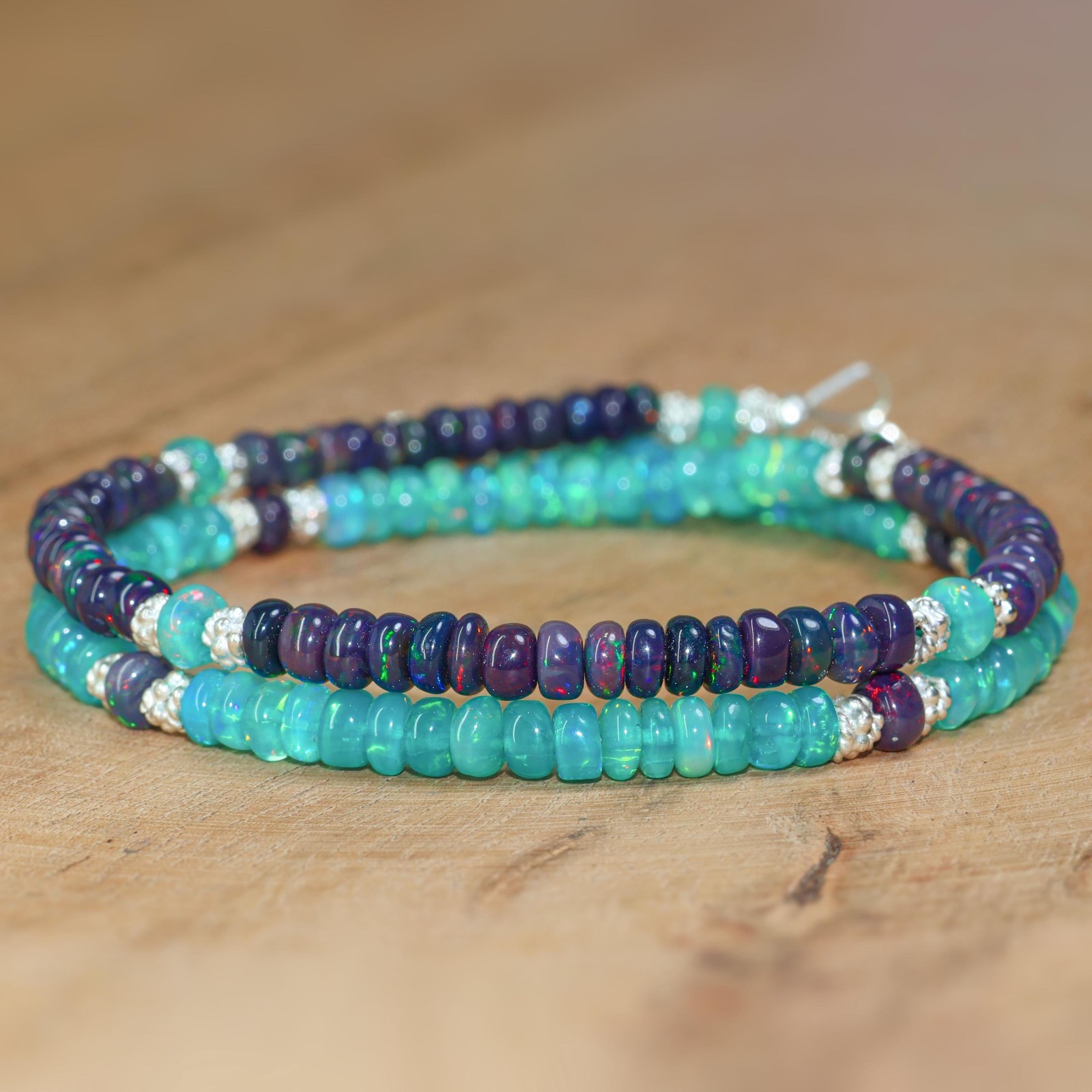 Green and Black Fire Opal Gemstone Beaded Necklace, Ethiopian Opal Gemstone