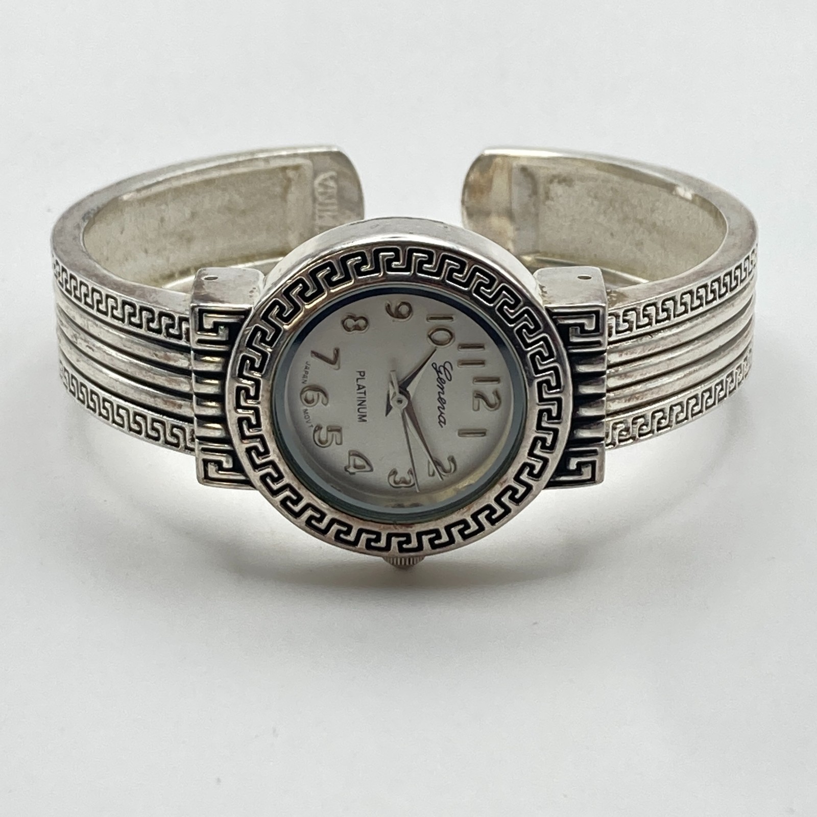 Geneva Women’s Watch 27mm Greek Key Silver Tone Cuff Round New Battery 6.25″