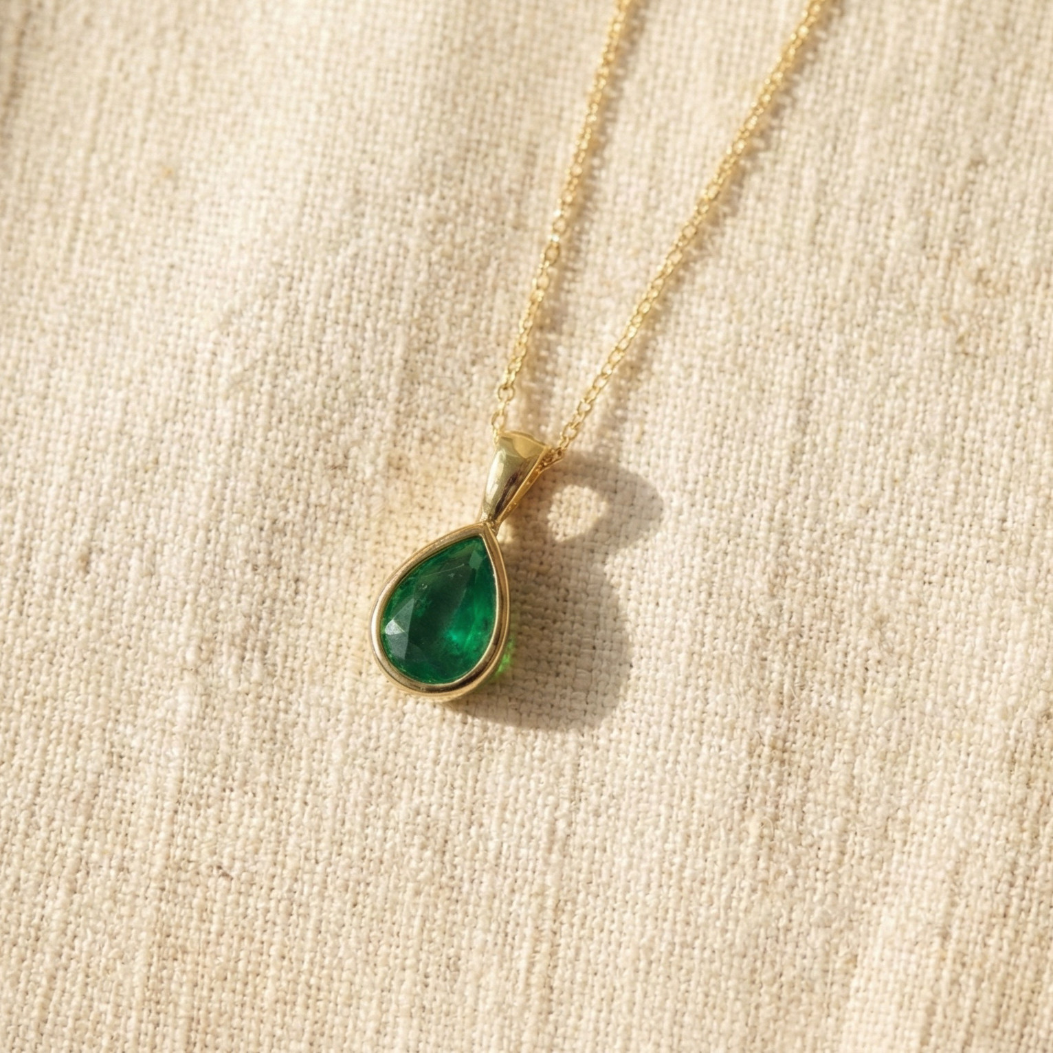 Pear Lab-Created Green Emerald Pendant Necklace, Gold Plated Handmade Pendant
