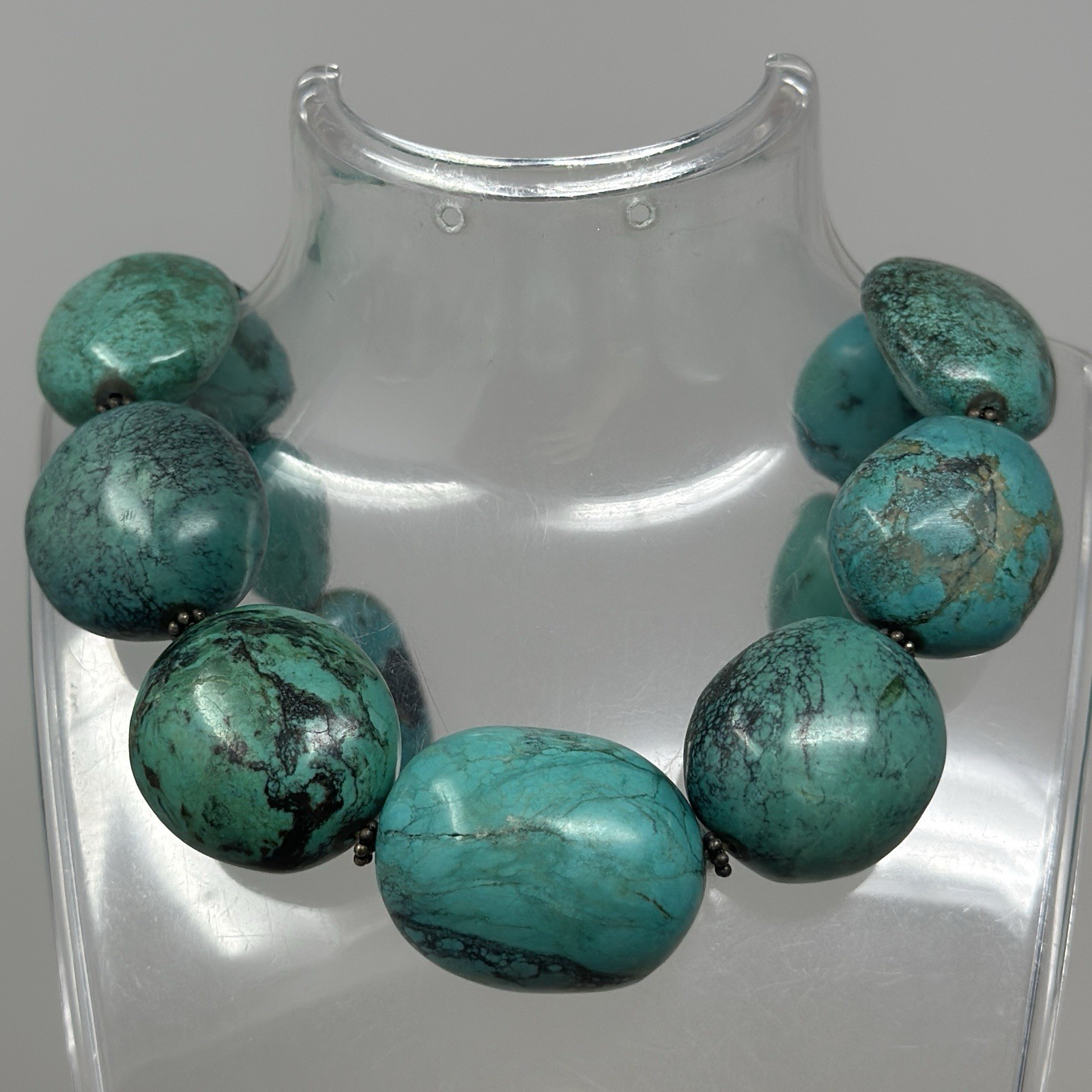 Stunning Natural Green Hubei Turquoise Necklace Large Chunky Polished Oval Beads