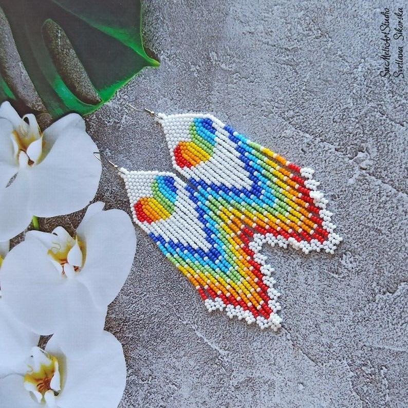 Tribal Earrings Native Large Boho American Seed Beads Handmade Earring