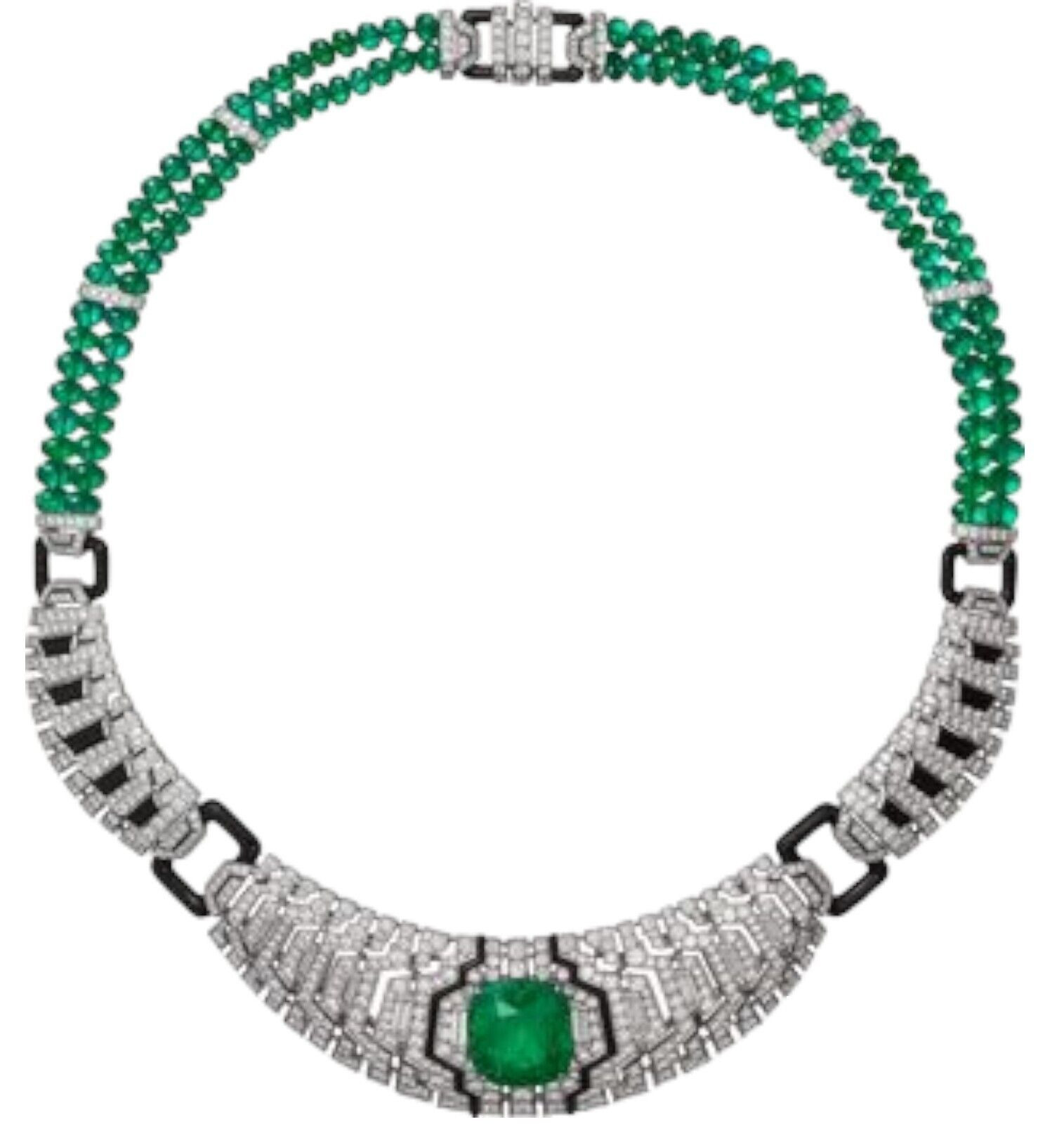925 Silver Necklace Cubic Zirconia & Syn Emerald Green Beads Luxury High Jewelry