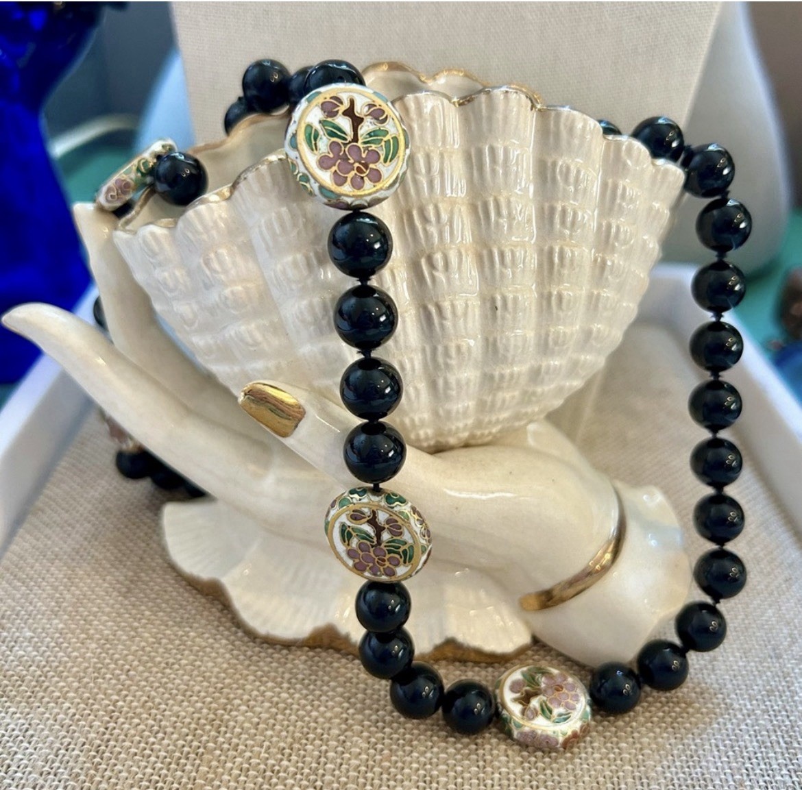 Vintage Onyx and Cloisonné Beaded Necklace Gatsby Victorian Art Deco