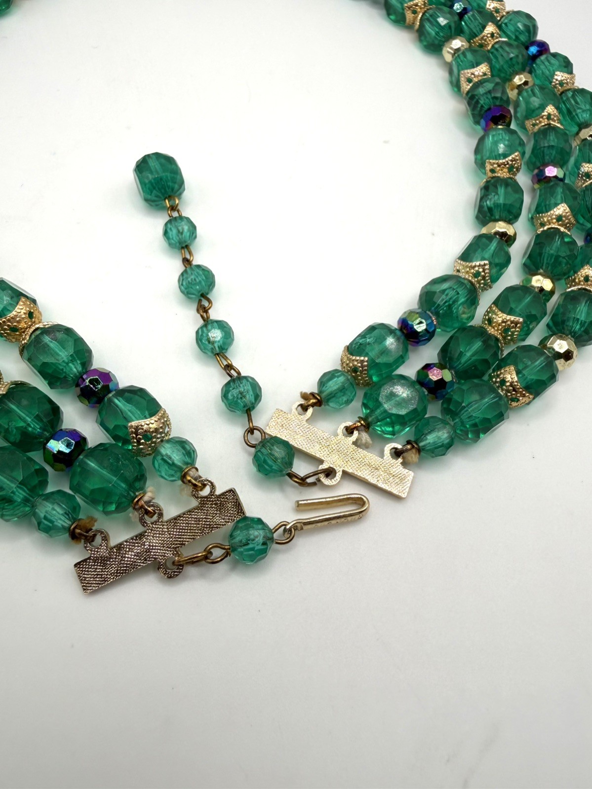 Hong Kong Vintage Vibrant Green Bead Triple Strand Necklace~Signed