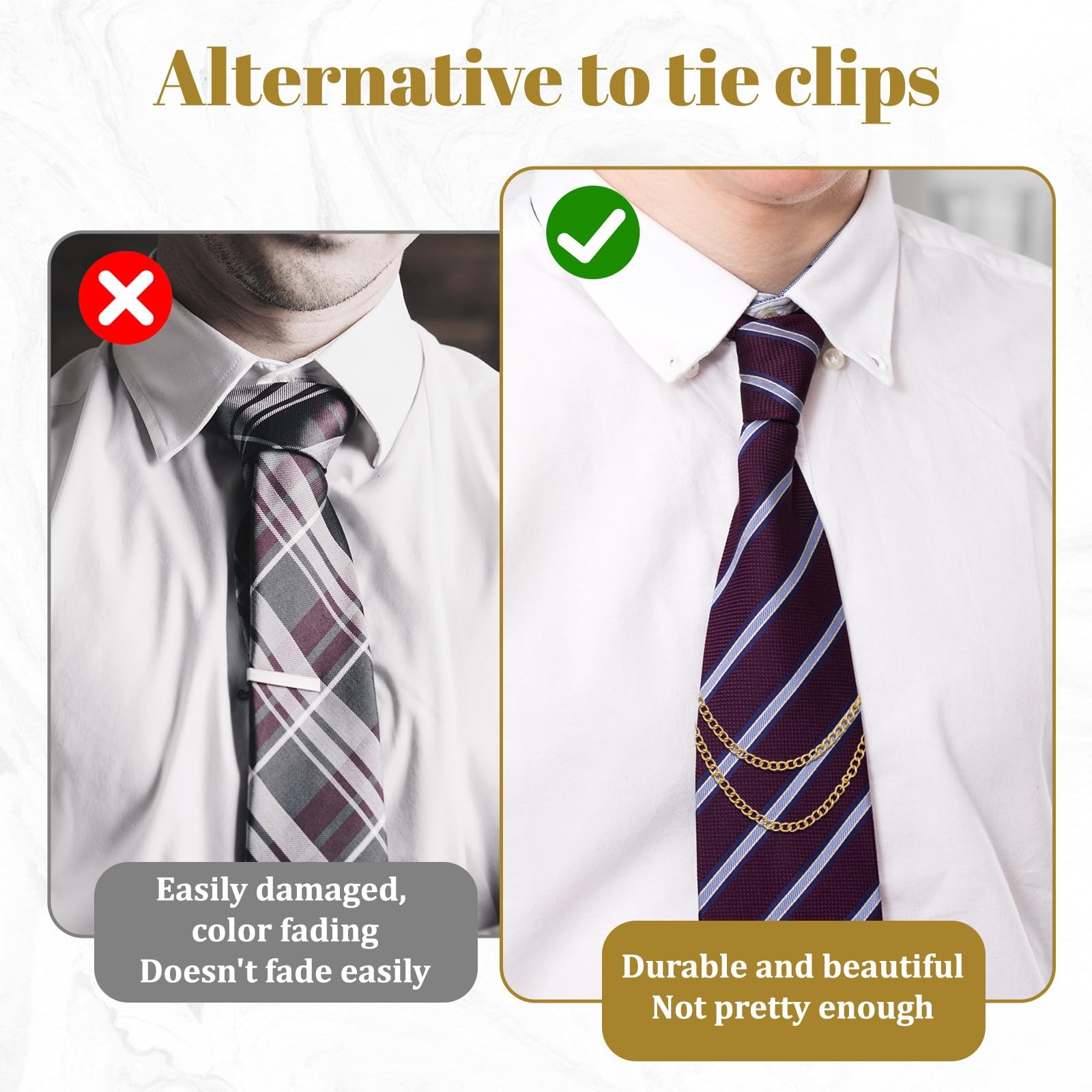 3 Pack Tie Chain for Men, Double Necktie Chains 3 Pack, gold, silver, black