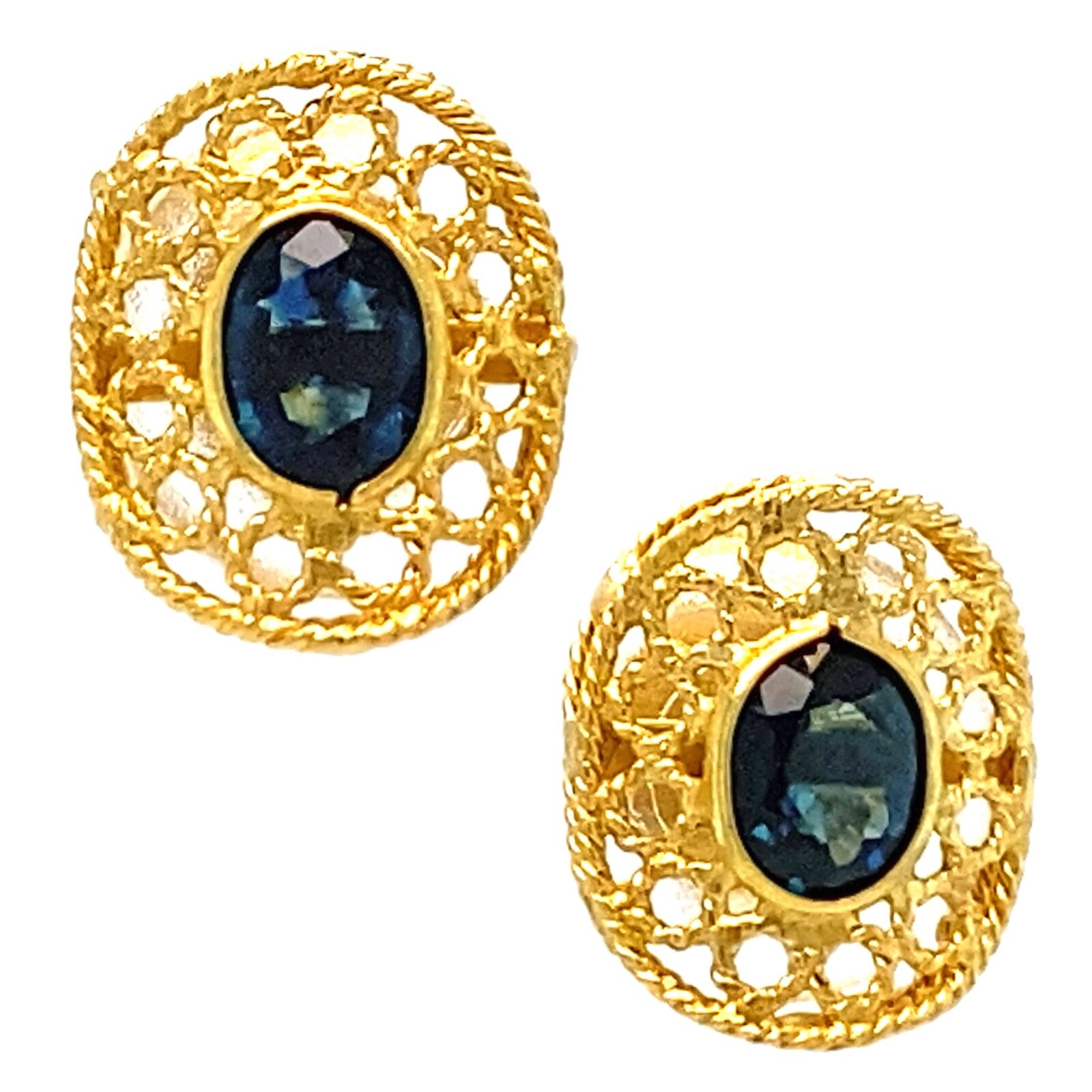 Pretty Openwork 18 Karat Gold & Oval Sapphire Stud Earrings, 1.4 Grams