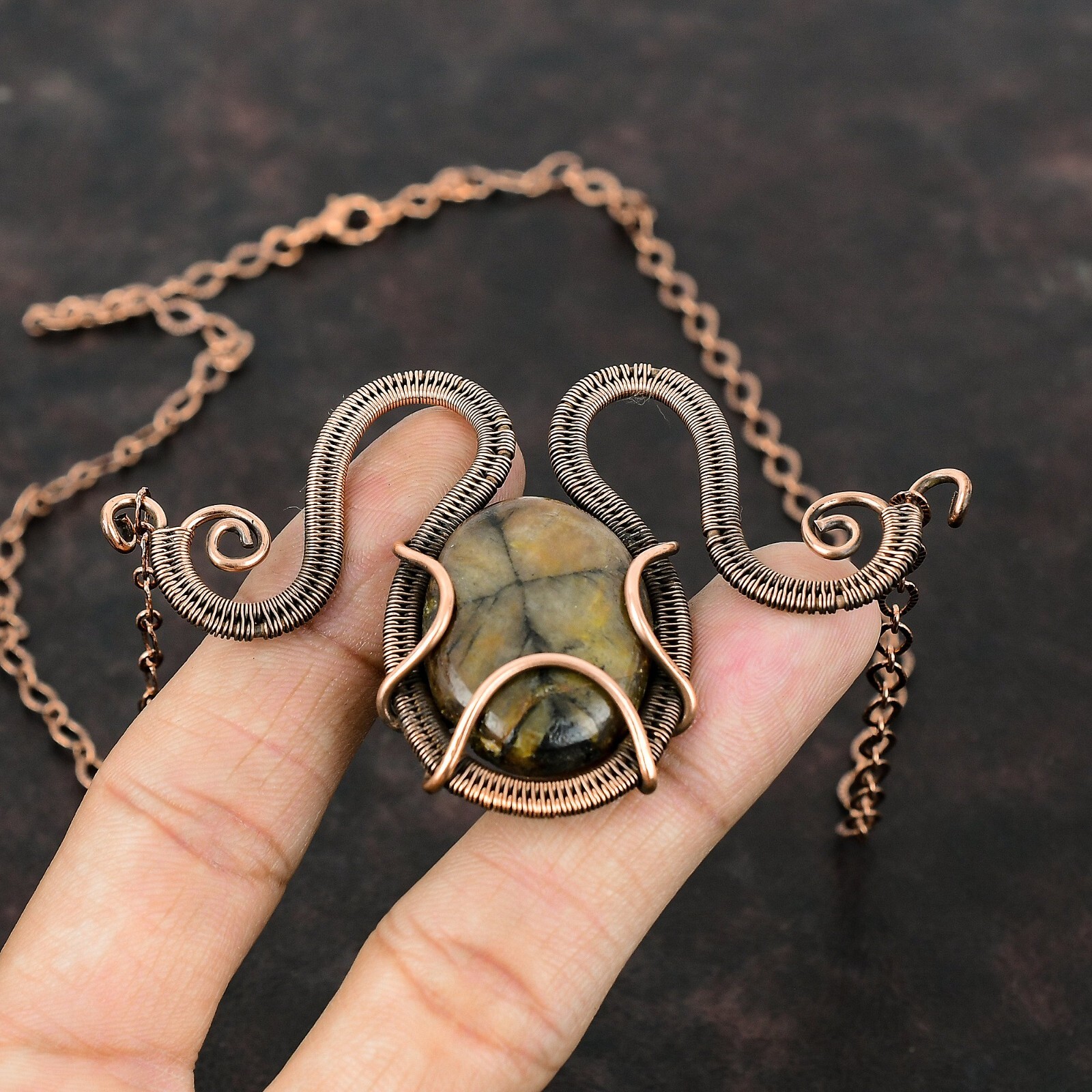 Gift For Her Chiastolite Wire Wrapped Necklace Adjustable Copper Jewelry 18.0″