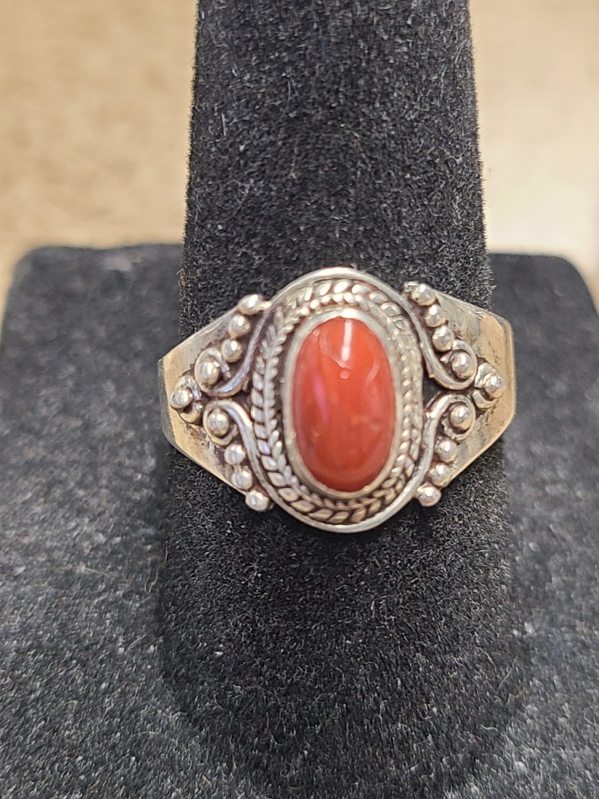 Sterling Silver Red Coral Ring Size 7.5
