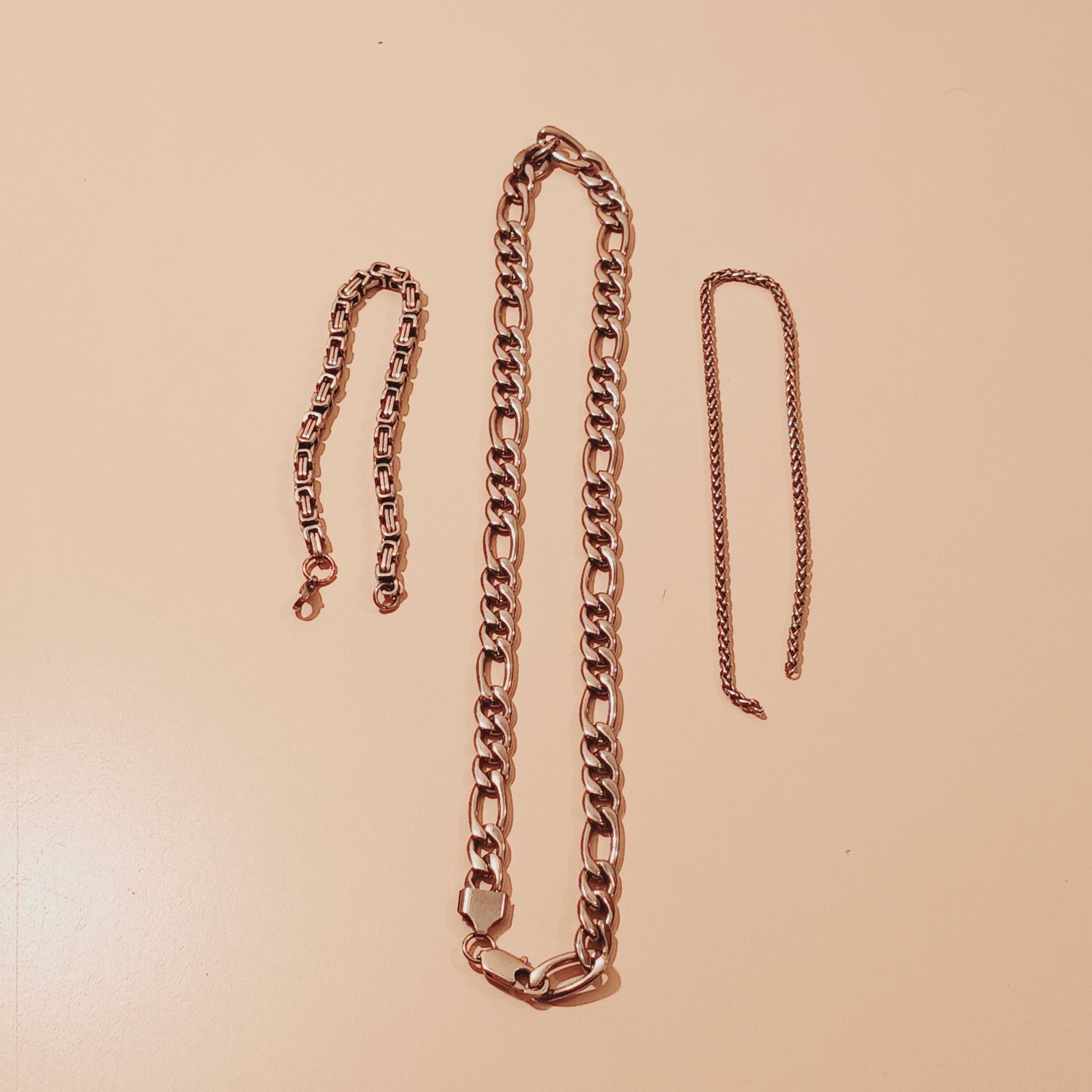 Stainless Steel Jewelry Set Lot: Byzantine Anklet 9″ Figaro Necklace 21″ Curb An