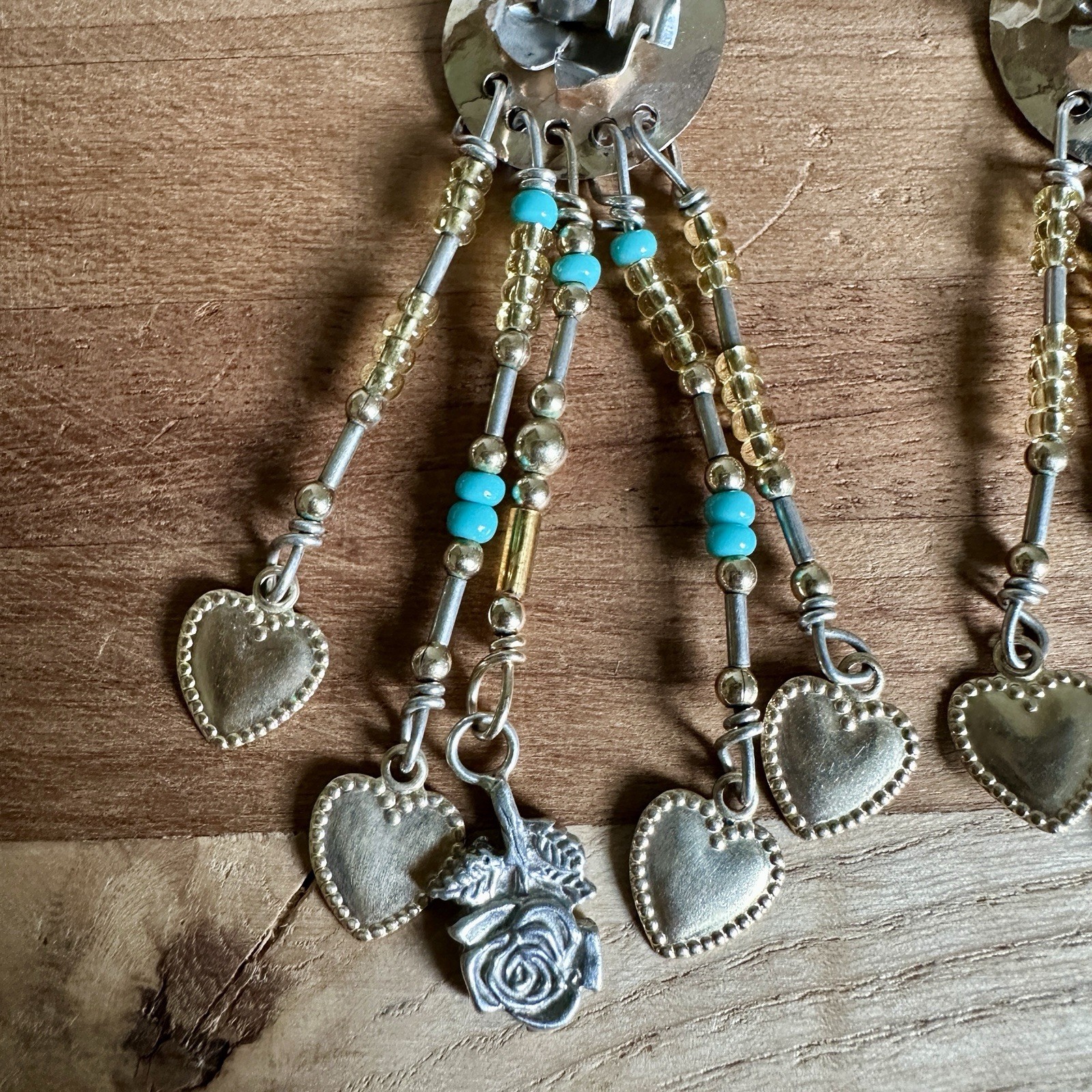 Artisan Western Hook Dangle Earrings 3 Inch Mixed Metals Beads Roses Hearts Love