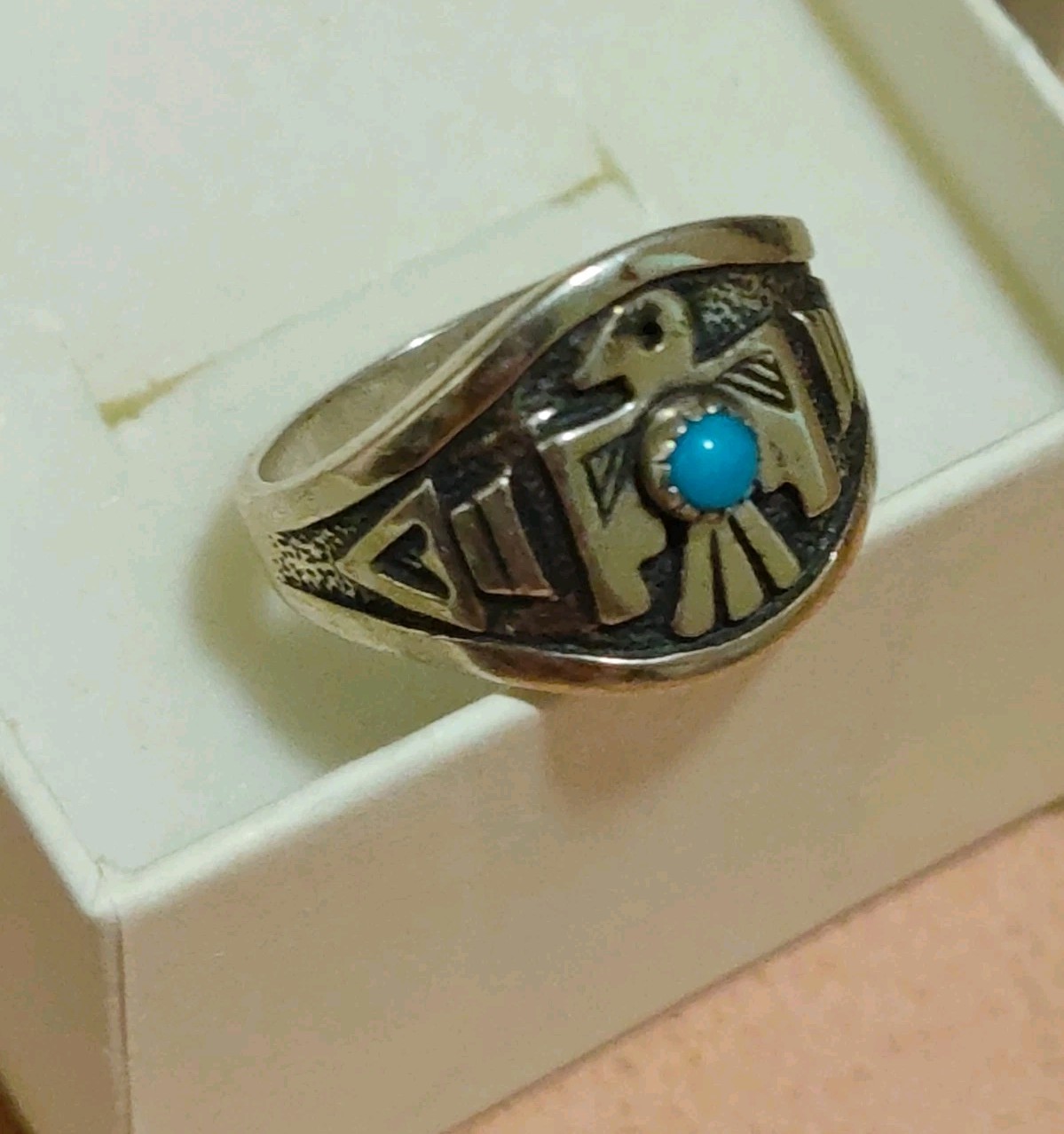 Wheeler Mfg Sterling Thunderbird Arrows Blue Bead Men’s Pinky Ring Sz 7