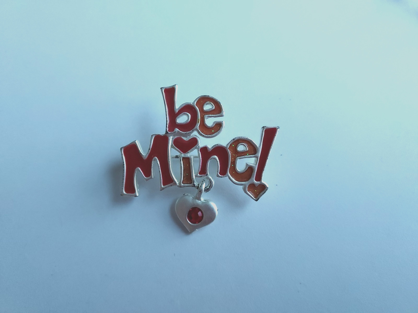Rhinestone Valentine Pin “Be Mine” Signed AJMC Silver Tone Metal Vintage
