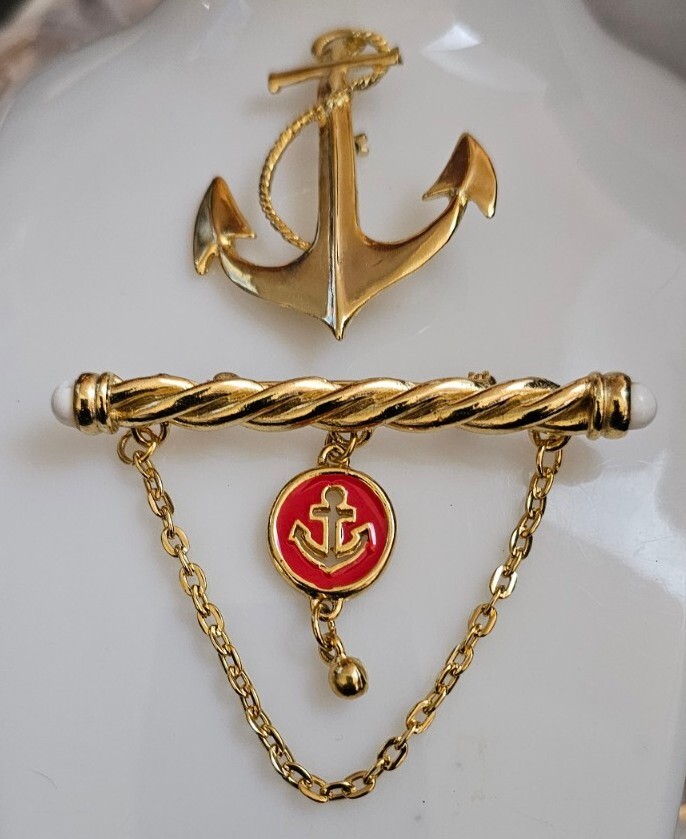 2- Anchors Brooches. 1- Bar And Chain With Dangling Anchor/ Other Gold Tone