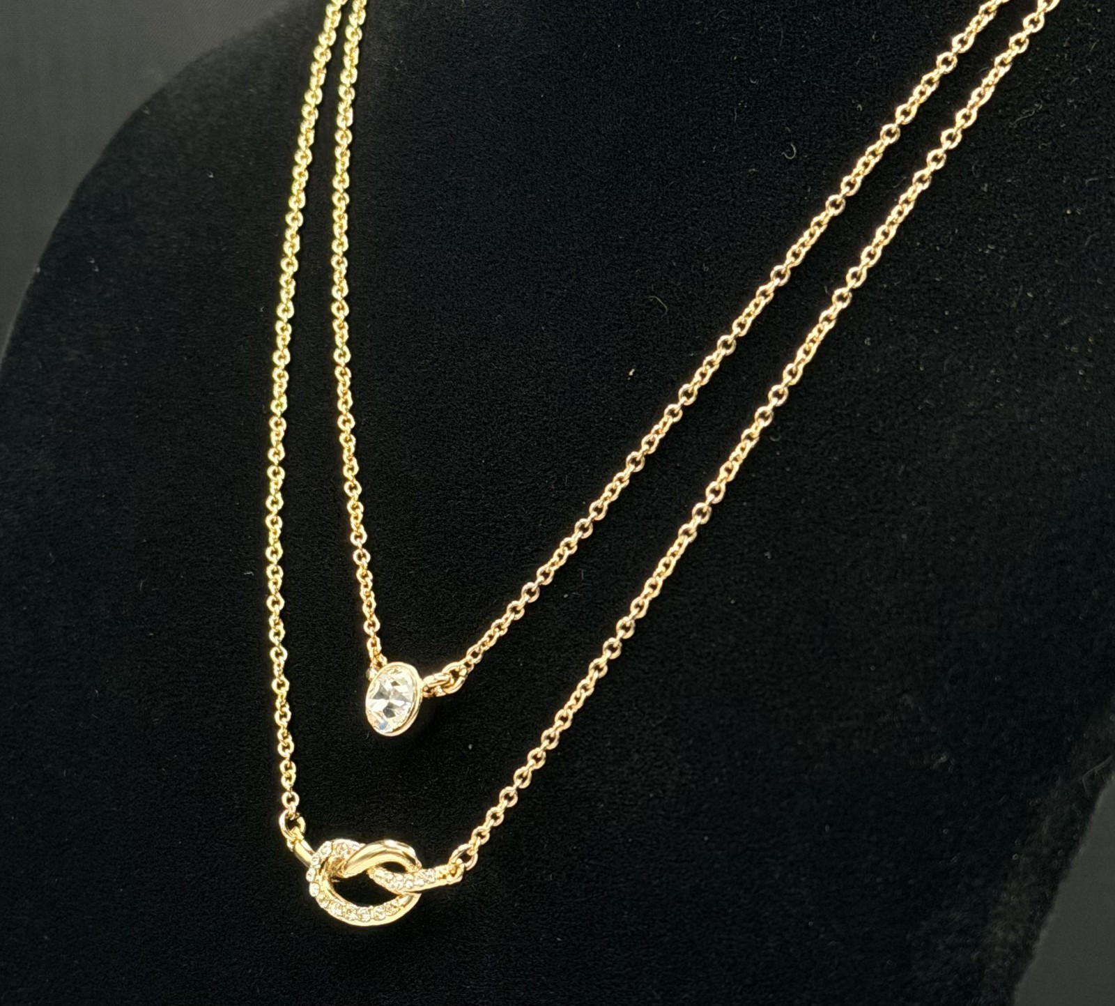 DKNY Gold Tone Crystal Solitaire & Pave Knot Layered Necklace 16+3 NWT Gift Box