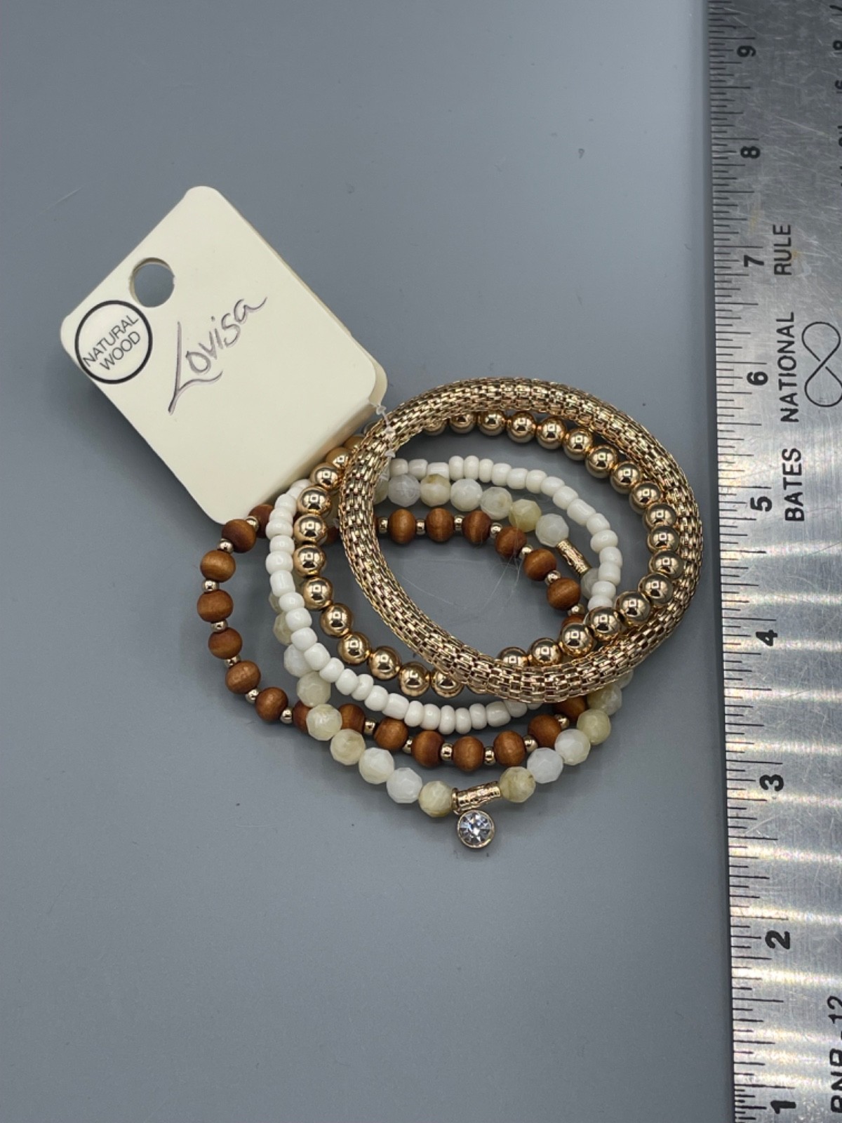 NWT Lovisa Beaded Stretch Bracelets Gold White Brown Wood Glass Metal