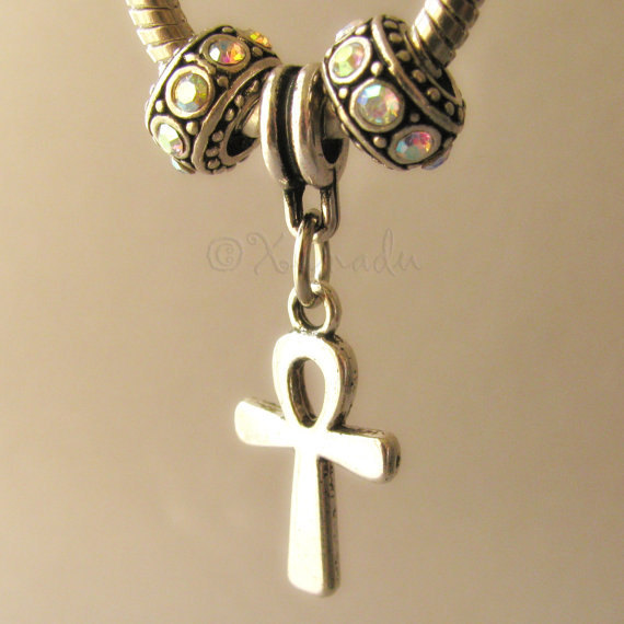 Egyptian Ankh Cross, Staff Sign Charm And Aurora Borealis European Charm Beads