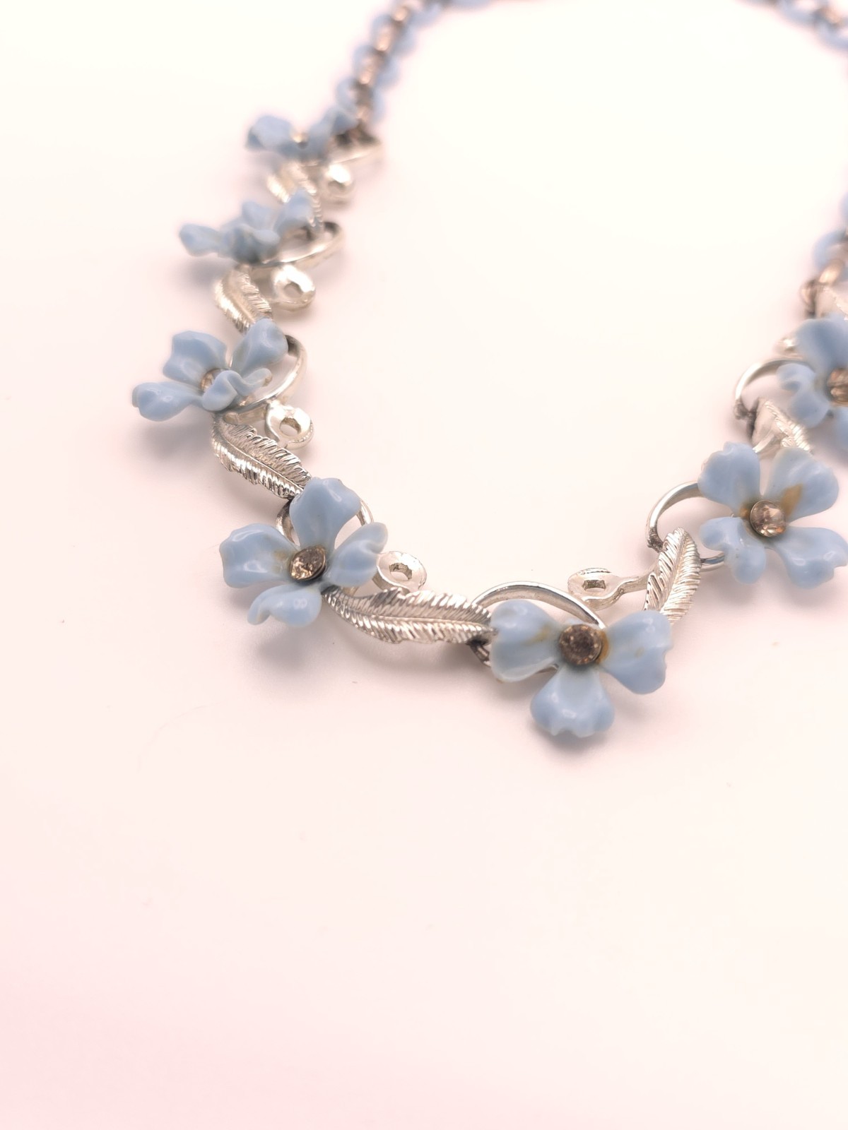 Silver Tone Blue Flower Pendant Necklace Rhinestone Crystal Cable Chain Hook