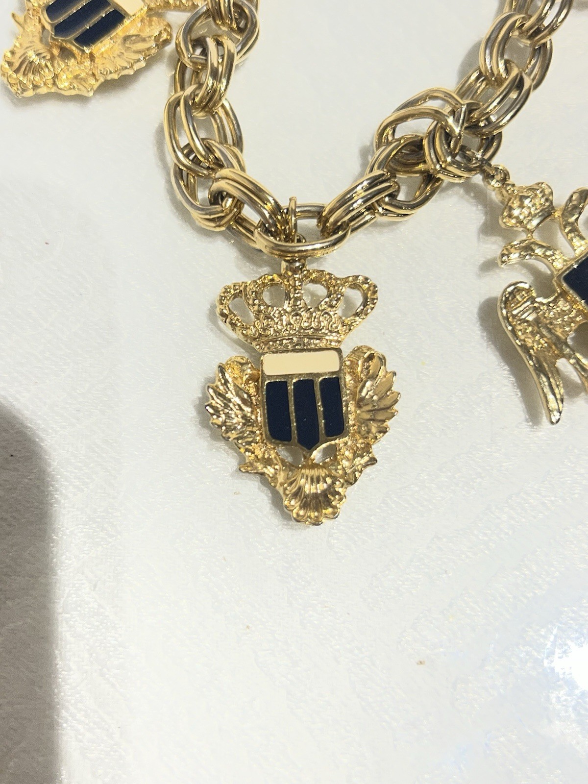 Vintage Gold Tone Heraldic Charm Bracelet Coat of Arms Eagle Crown