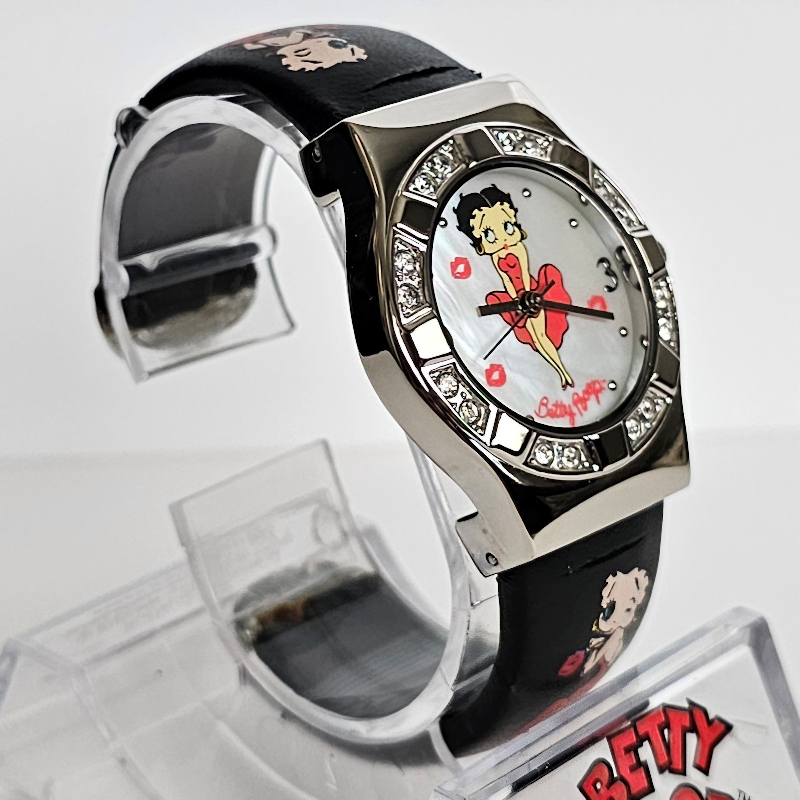 NOS Betty Boop “Marilyn Monroe” Crystal MOP Dial Black Leather Watch New Battery