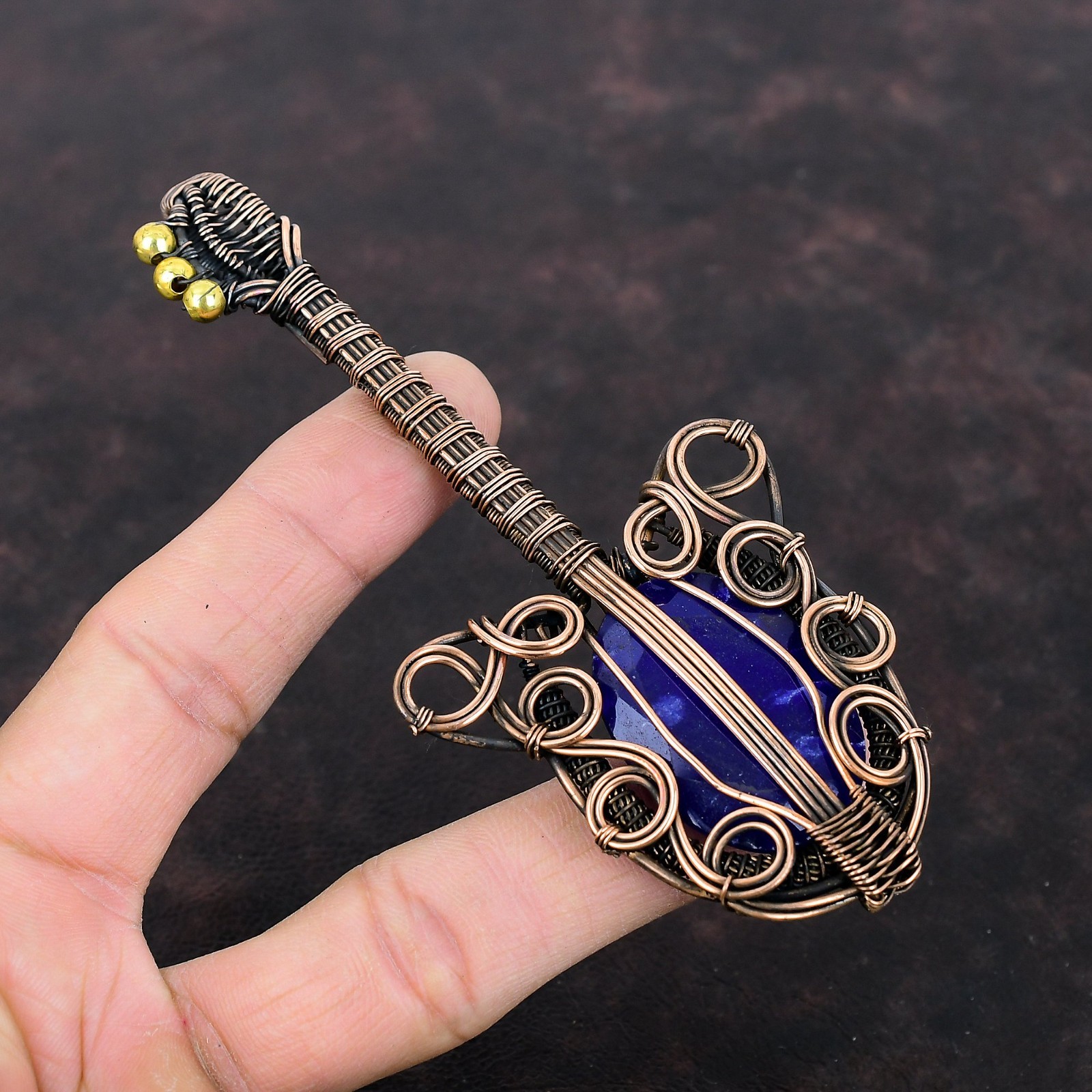 Sisters Day Sale Copper Natural Blue Saphire Wire Wrapped Guitar Trendy Pendant