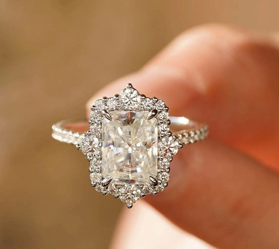 F/VVS1 Radiant Cut 2.50 CT Moissanite Halo Engagement Ring Solid 14K White Gold