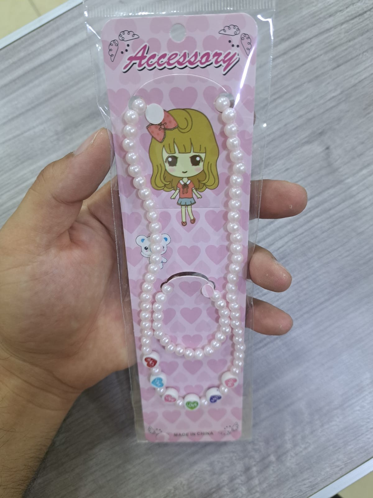NWT Chibi Anime Girl Faux Pearl Necklace & Bracelet Jewelry Set – Cute, Pink Hea