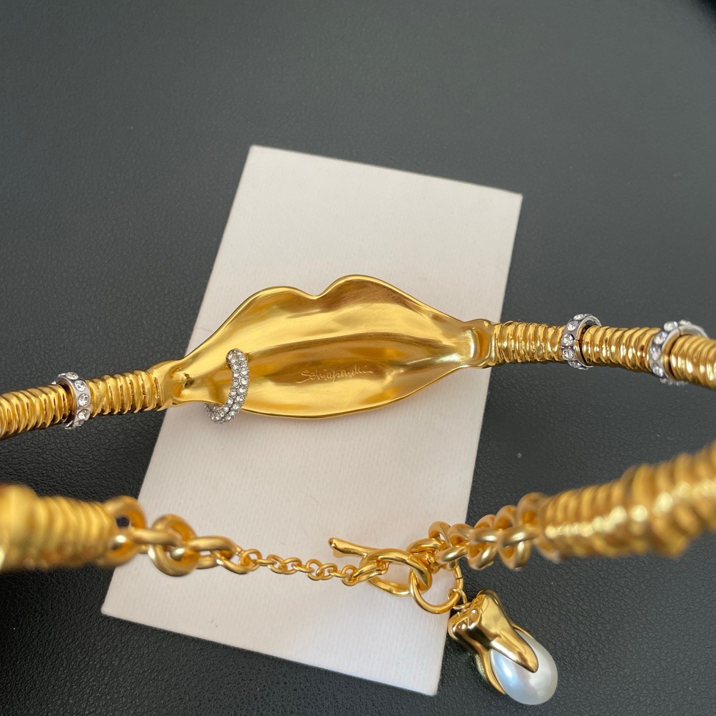 Schiaparelli Ribbed Coil Lip Crystal Ring Gold Torque Choker