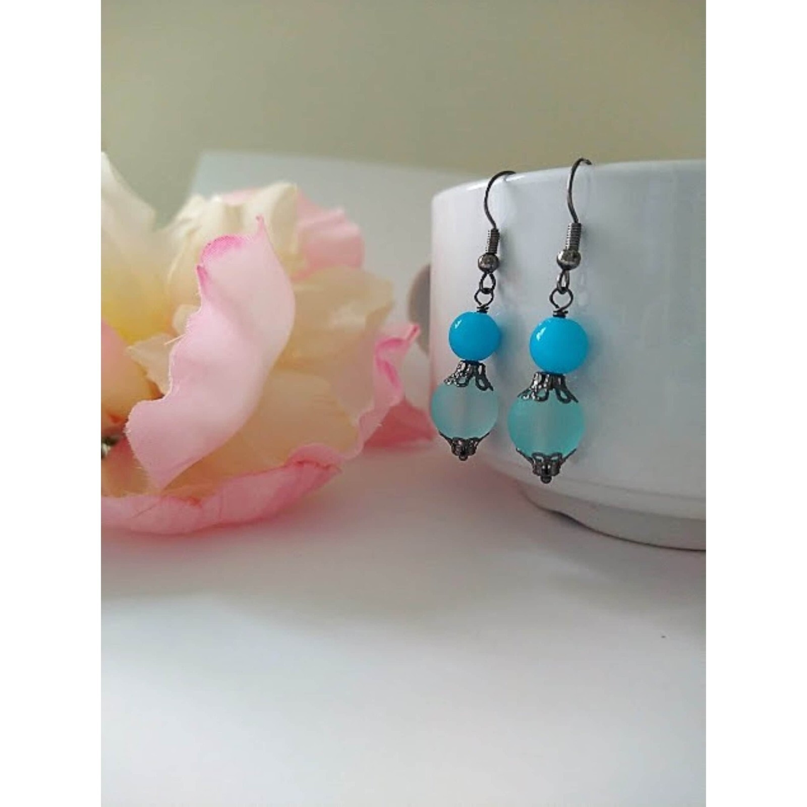 Opaque Blue Glass Gray Gunmetal Dangle Earrings, Ladies Fashion Handmade