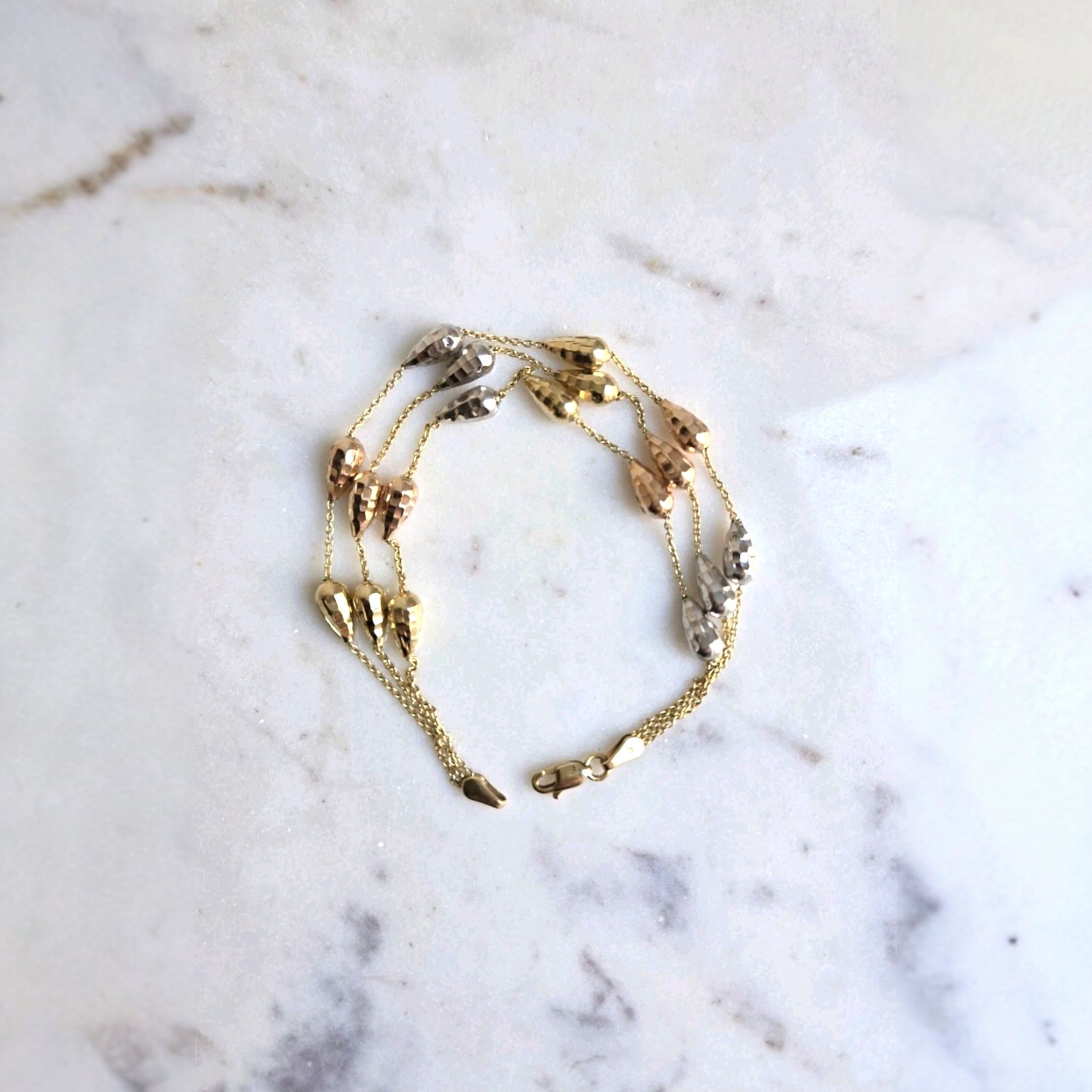 14K Gold TriColor Triple-strand Bracelet with 18 Textured Teardrop Beads VINTAGE