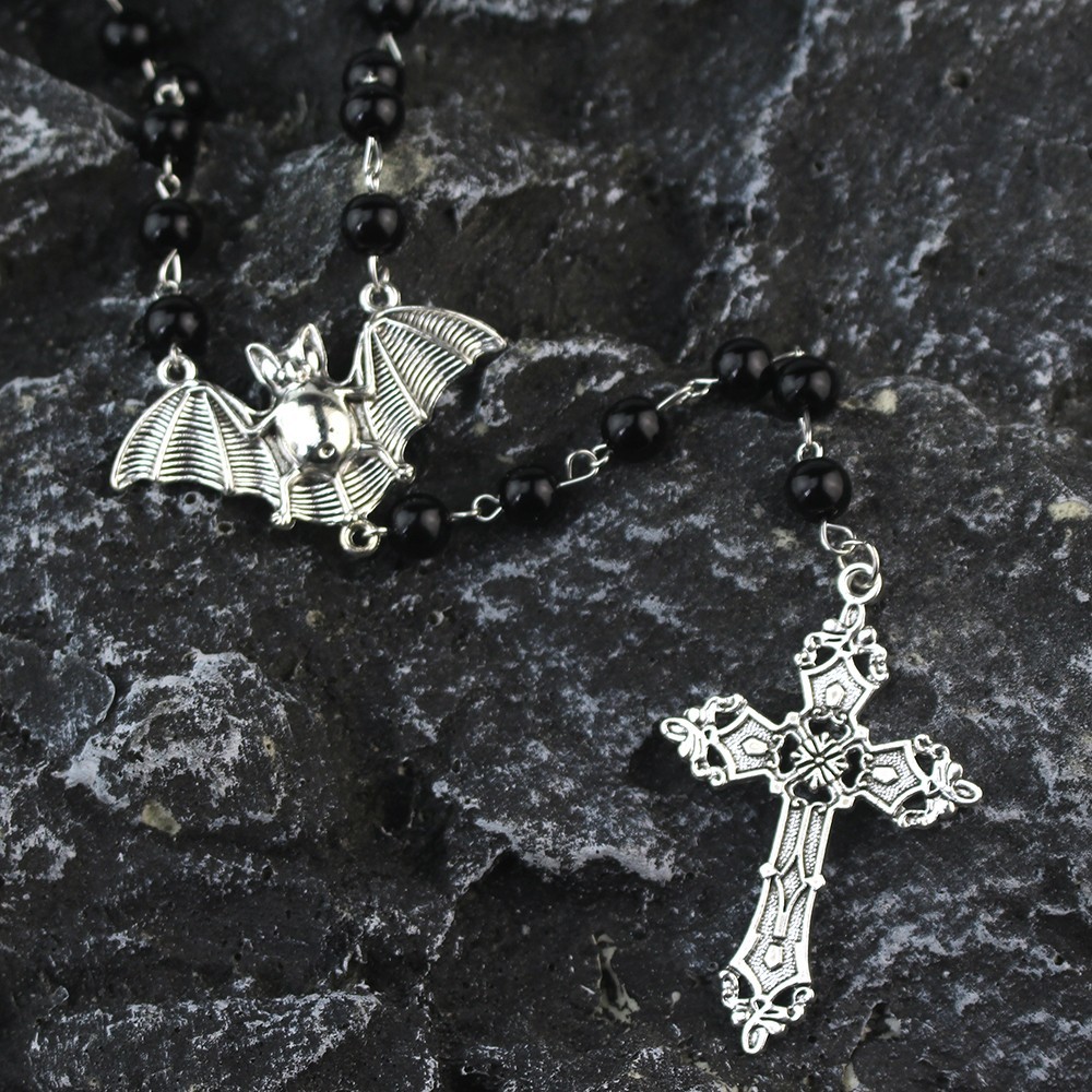 Bat Rosary Cross Necklace Gothic Goth Punk Alternative Jewelry
