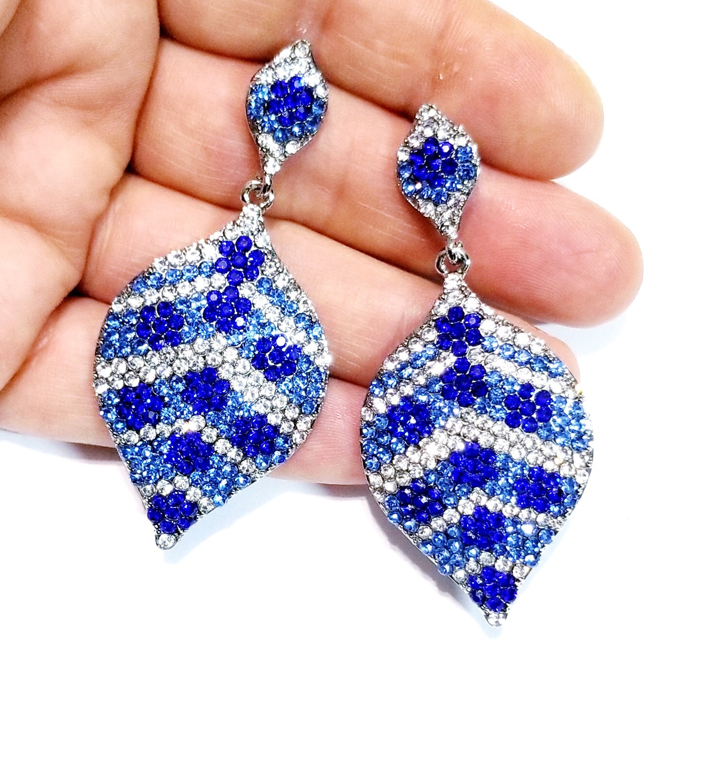 Chandelier Rhinestone Crystal Pageant Bridal Earrings Blue Drop Dangle 2.8 In