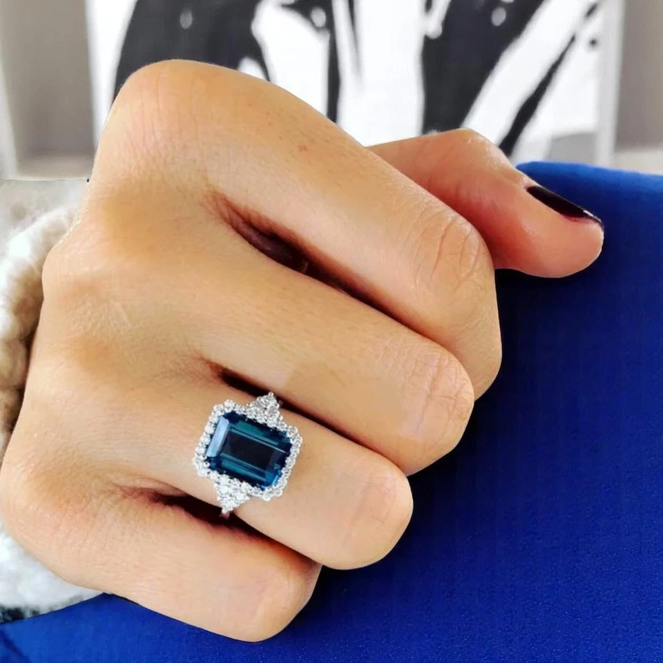3.50Ct Emerald Cut Natural Blue Topaz Diamond Wedding Ring 950 Platinum 6 7 8 9