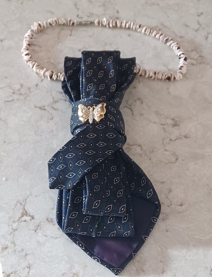 Handcrafted Necktie Necklace Gold Butterfly Brooch