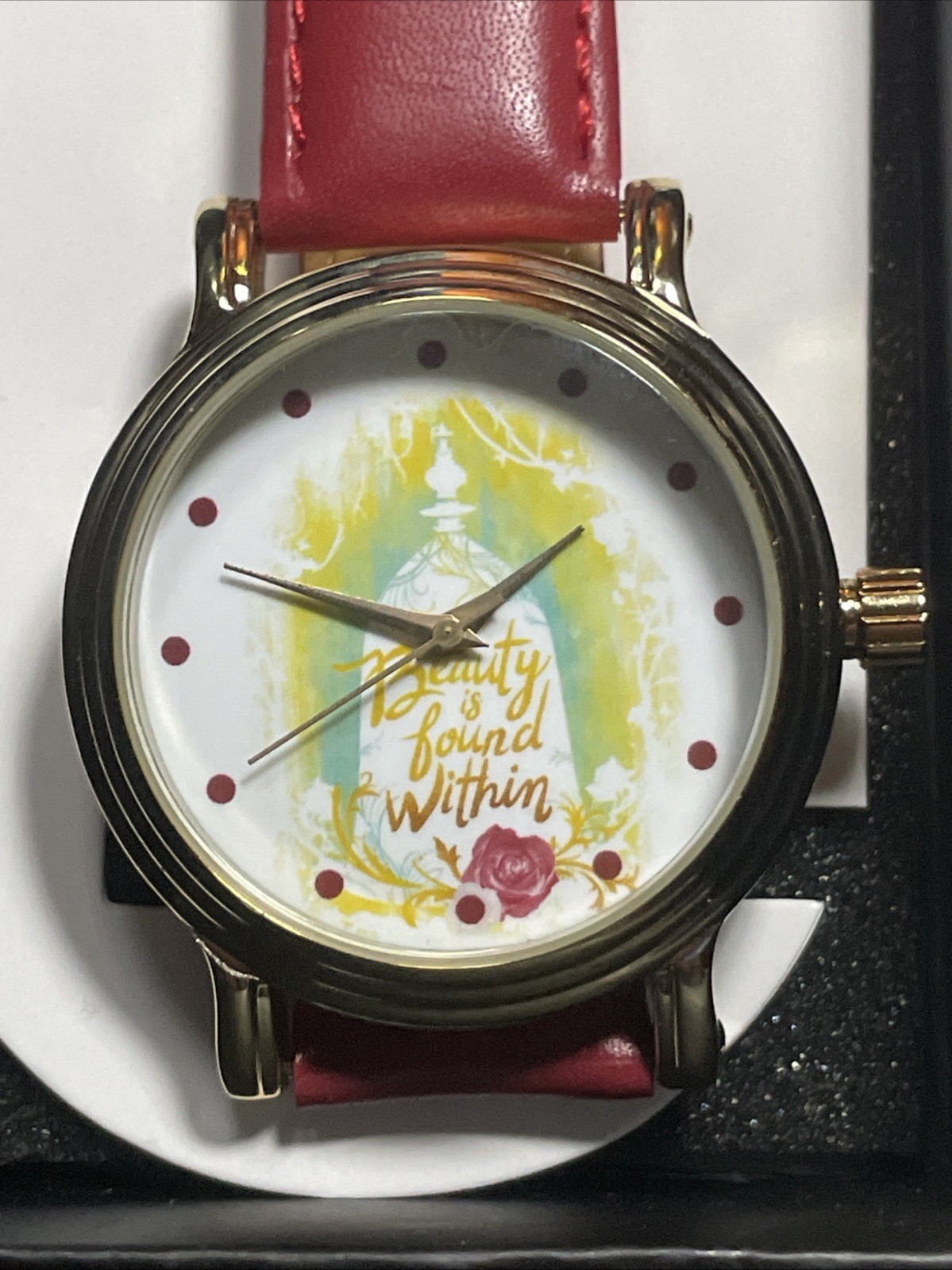 Disney Beauty & the Beast Watch Red Leather Gold tone New In Box (Box 1)