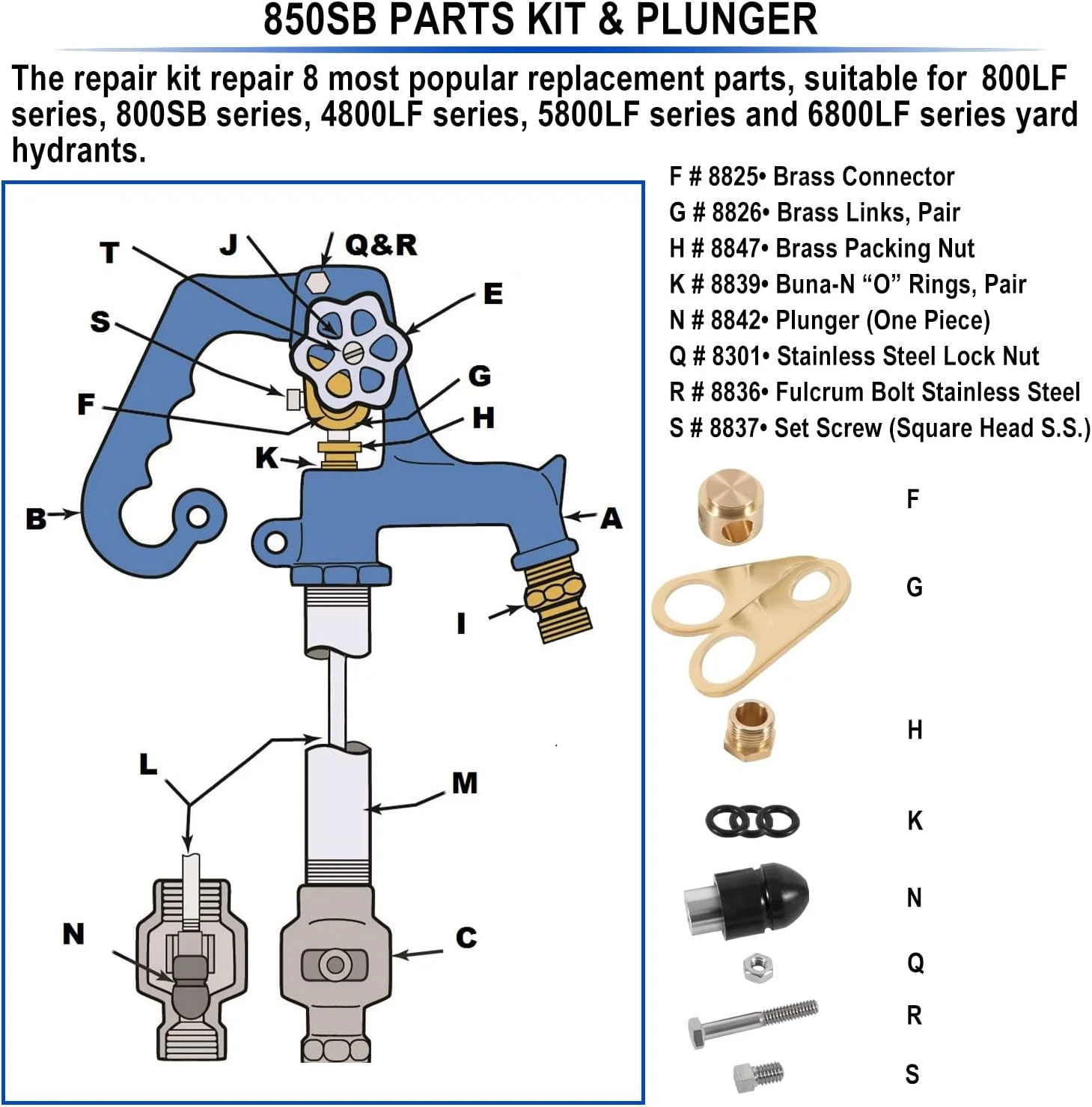 850 Sb Parts Kit Yard Water Hydrant Repair Kits & 8842 Plunger Fit for Simmons 8