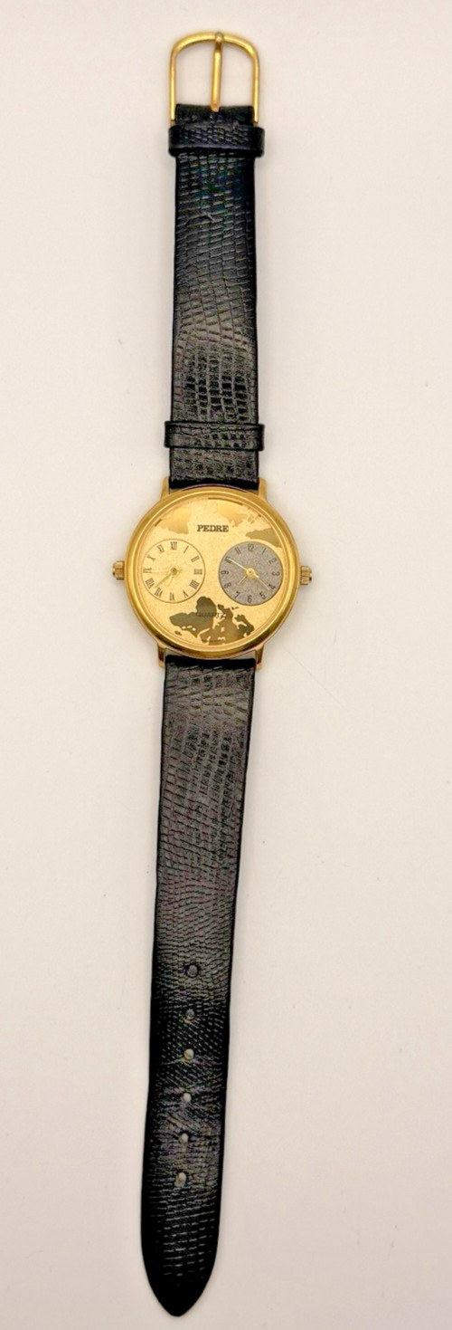 Vtg Pedre Dual Time Gold Tone Black Leather Quartz Watch World Map 2 Sub-dials