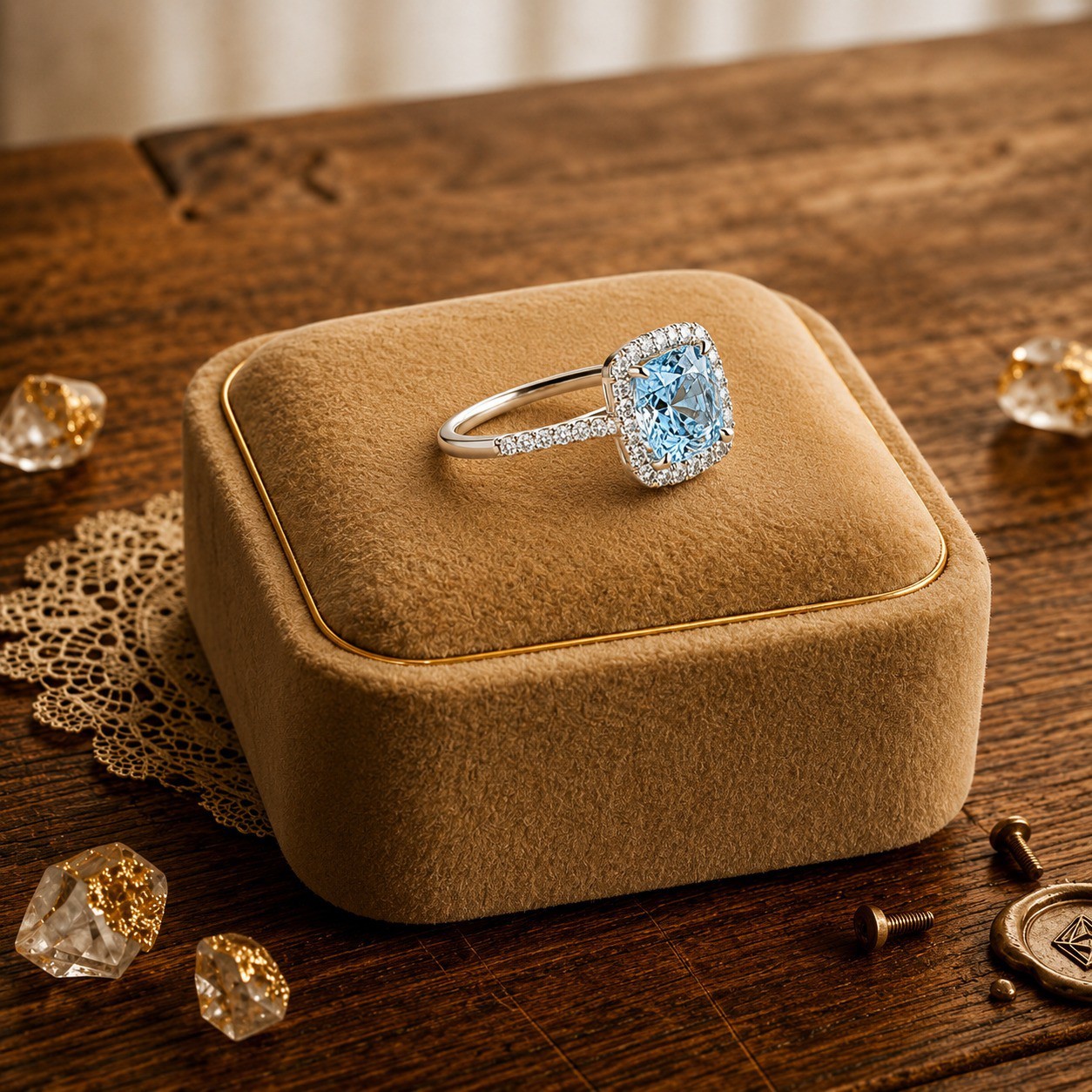 2.04 Ct Cushion Cut Natural Aquamarine Diamond Ring 14K Solid Yellow Gold