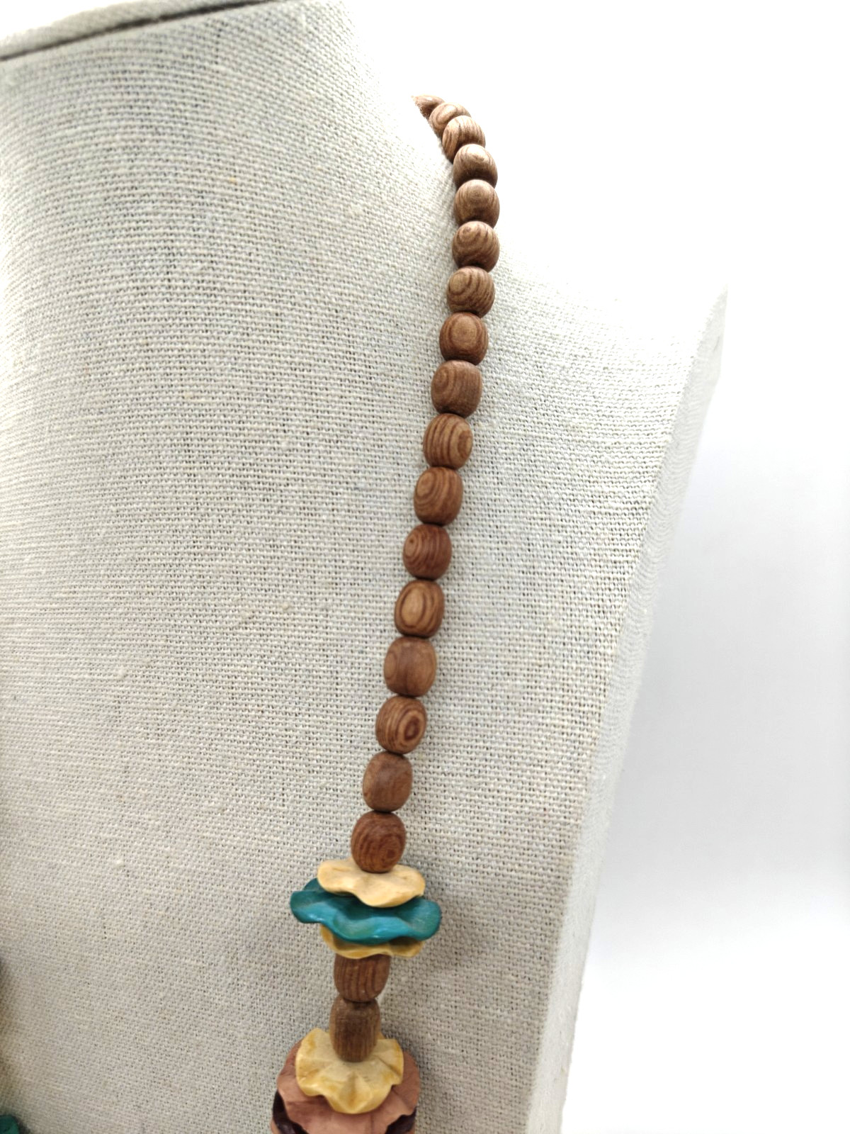 Wooden Boho Necklace Mother Of Pearl Bead Blue Yellow Pink Brown Colorful