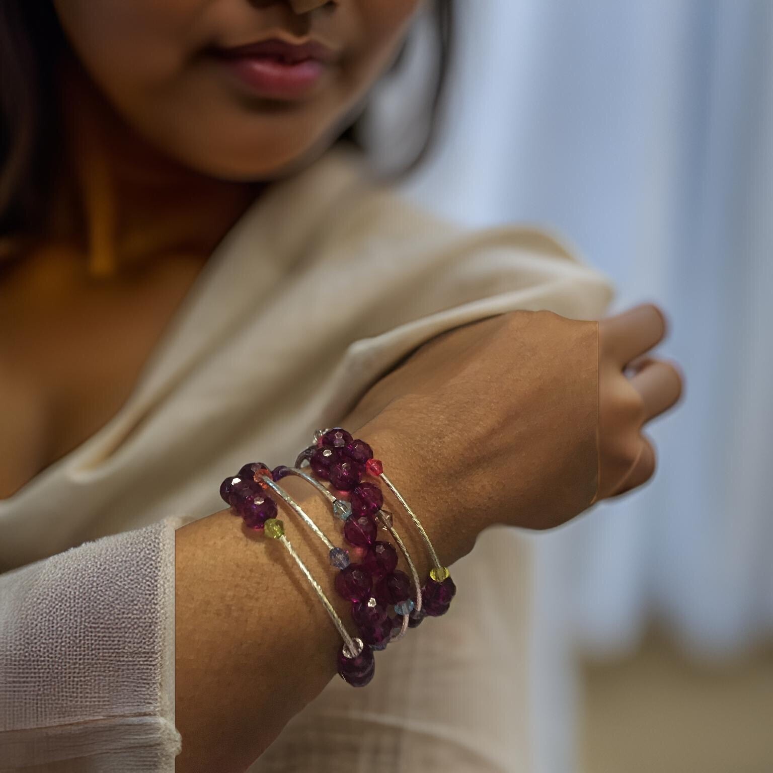 Purple Silver Twist Curved Long Tube Spacer Beads, glass womens wrap bracelet