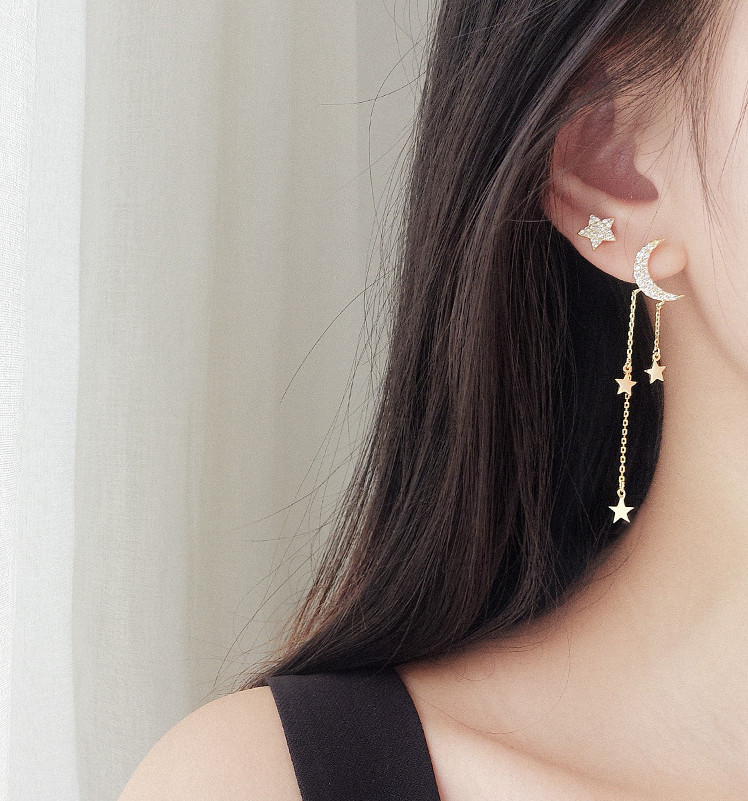18K Gold Sterling Silver CZ Moon Star Tassel Asymmetrical Stud Earrings Box PE47