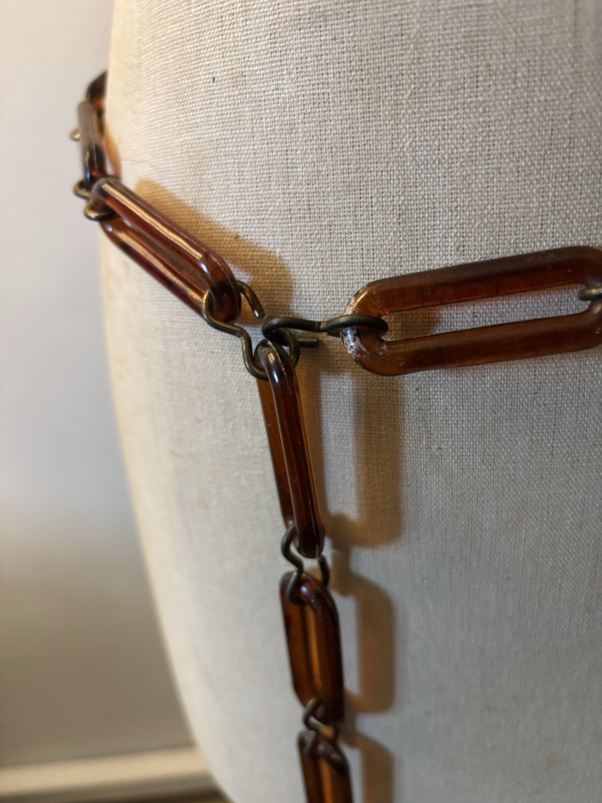 VTG 70s Lucite Link Chain Heart Charm Belt Adjustable Hook Closure