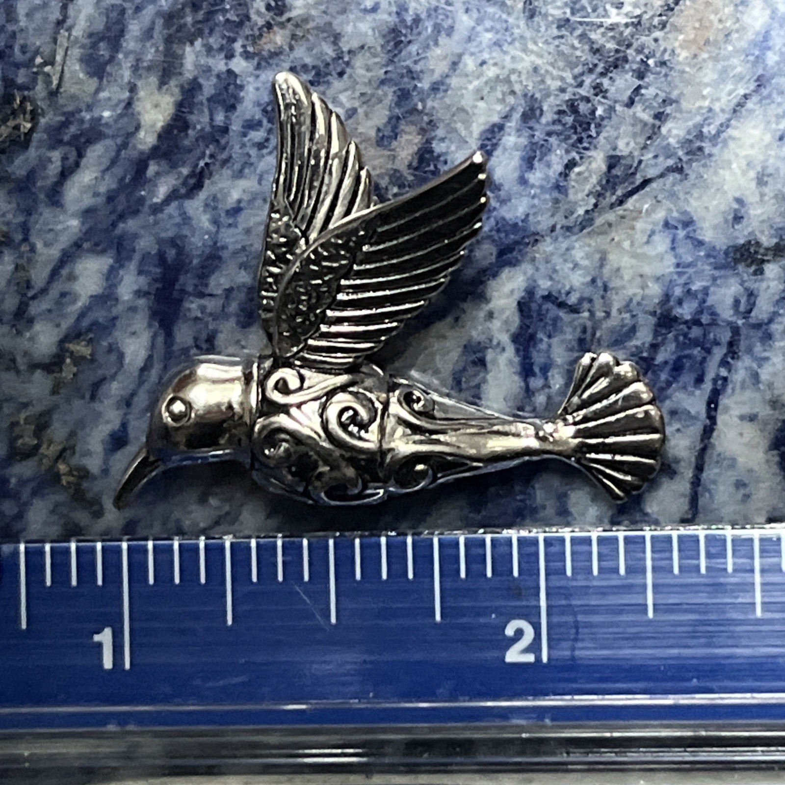Sterling Silver Hummingbird In Flight Pendant Textured Wings 7.2g, engraved body